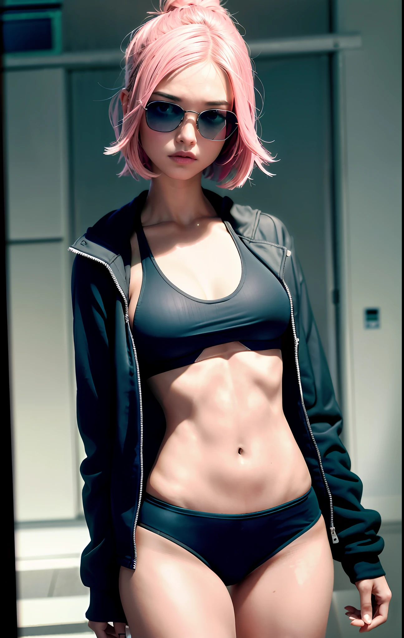 sports bra, sports jacket, sweatpants, no panties, (cyberpunk environment: 1.2), makeup, (1 girl: 1.4), best quality, masterpiece, (realistic: 1.2), young woman, a lady, detailed face, detailed eyes, detailed hair, detailed skin, viewer look, dramatic, vibrant, sharp focus, 50mm, F1.2, EOS R8, (3/4 body: 1.2), standing, (complex background: 1.6), (Best quality details: 1.2), 8K High Definition, Big Tits, (Sportswear: 1.5), (Short Hair Falling into Strands with Tip at the End), (Pink Hair), Glasses, Large Hips,