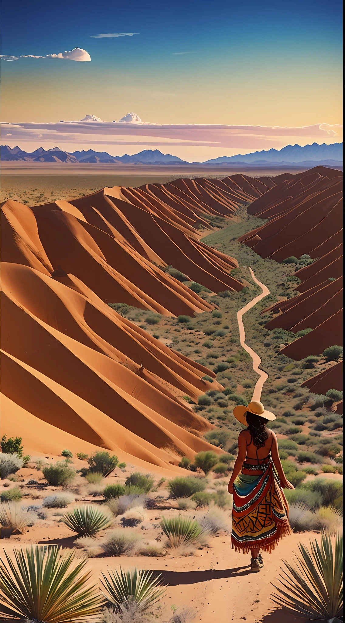 Photograph of brown woman with Mexican regional bestido in a desert with snakes and captus and mountains Mexican colors around, masterpiece --auto --s2