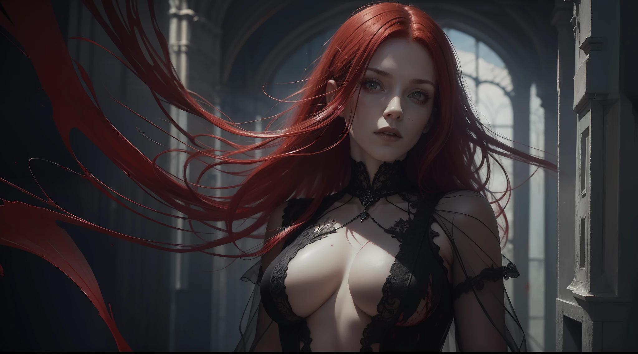 Award-winning photo from the waist up, solo, red-haired woman, blood-stained, beautiful with amazing body and transparent clothes and Gothic style, hyper-realism, strong impressionist painting style, 1,618, elegant, ethereal, intricate, elaborate, hyper-realism, hyper-detailed, strong expressiveness and emotionality, cinematic lighting, visual clarity