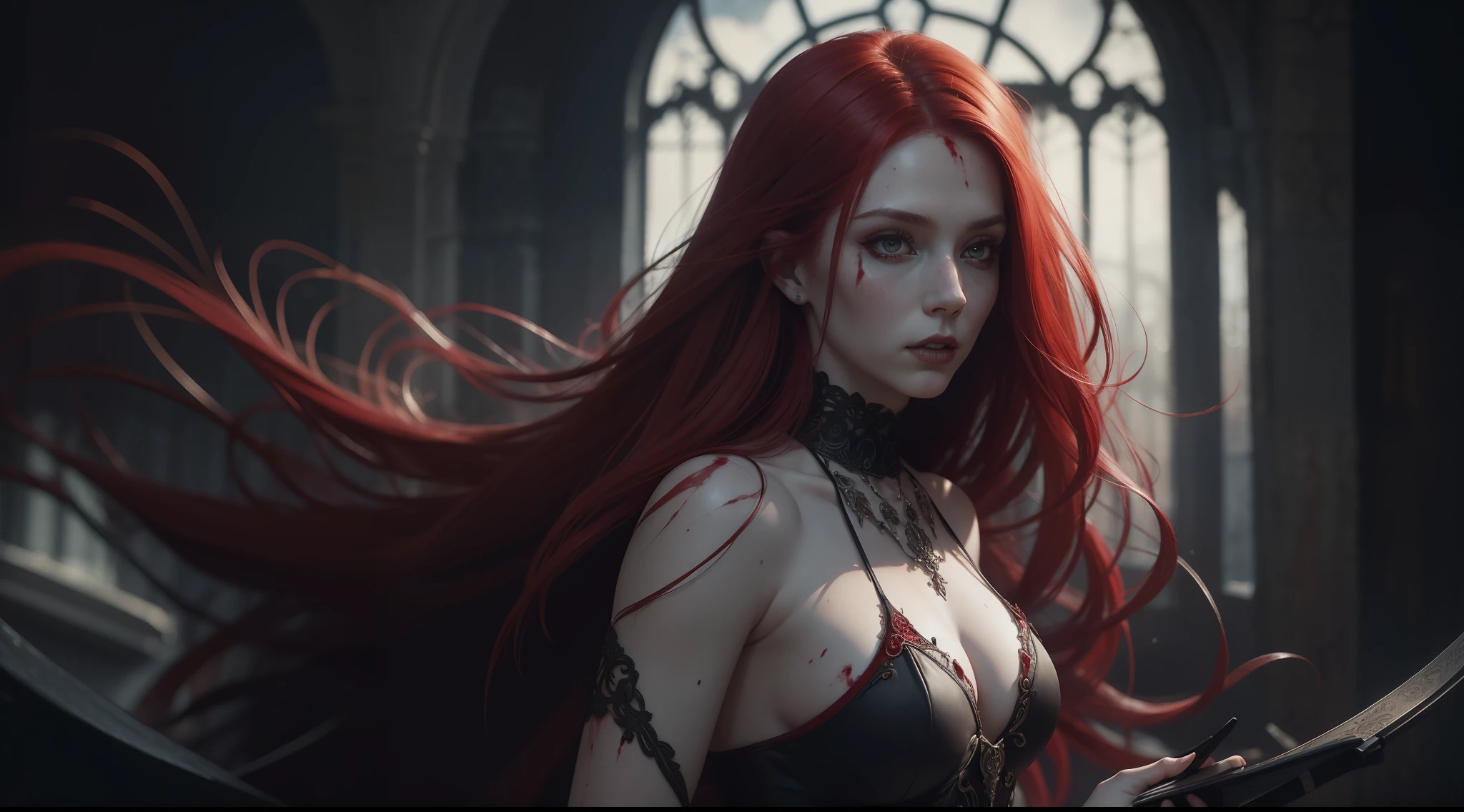 Award-winning photo from the waist up, solo, red-haired woman, blood-stained, beautiful with amazing body and transparent clothes and Gothic style, hyper-realism, strong impressionist painting style, 1,618, elegant, ethereal, intricate, elaborate, hyper-realism, hyper-detailed, strong expressiveness and emotionality, cinematic lighting, visual clarity