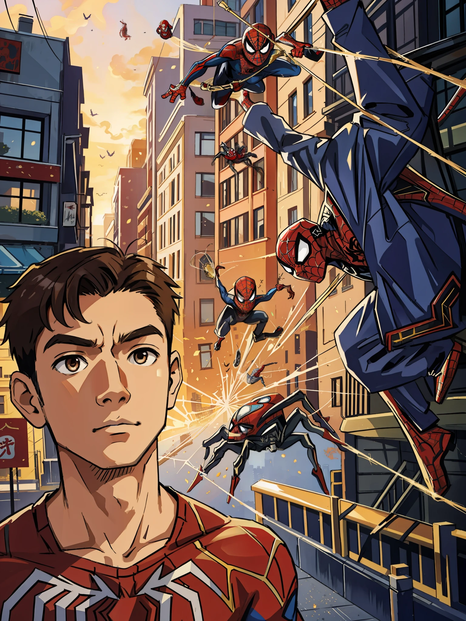 (masterpiece, best quality),  intricate details, 8k, artstation, wallpaper, official art, splash art, sharp focus,
1boy,  Nakiri Ayame, brown eyes, brown hair, 
 spider suit, spider web print, spider web,  
skyscrappers, city, buildings, cars, street, spider-man suit, superhero pose, no people in background, main character wears spider-man suit, hair sticks up a bit