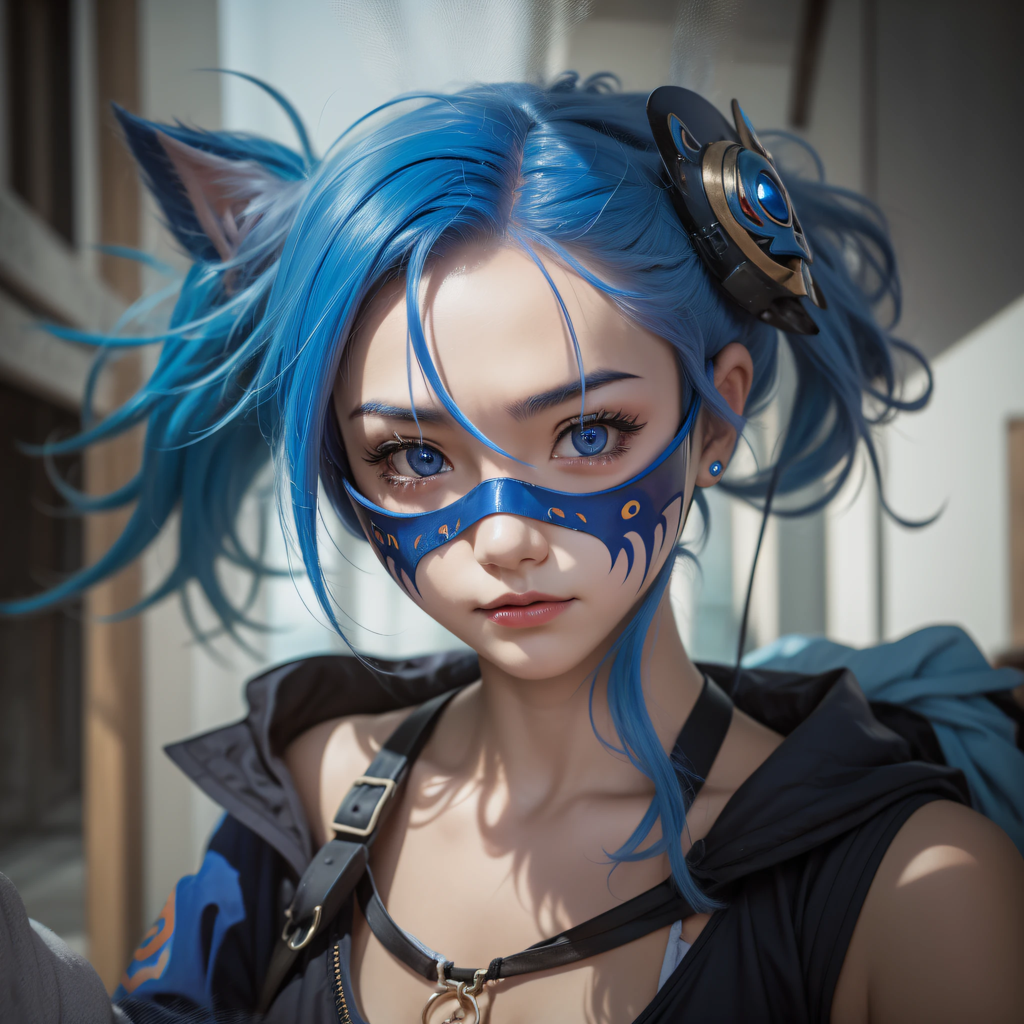 blue hair, social realism, focus on emotions, expressive eyes, enigmatic mask, depth of field, high definition (UHD)