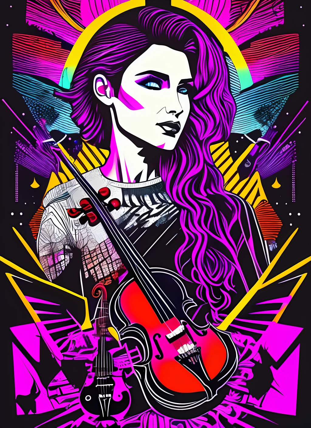 T-shirt art, 2D, ((black background: 1, 5)), vector, vivid colors, violin, detailed violin, dystopian rock stage, masterpiece, best quality, intricate details, perfect symmetrical face, rock and roll theme , rim light, moonlight , cinematic shading, Greg Rutkowisk --auto --s2