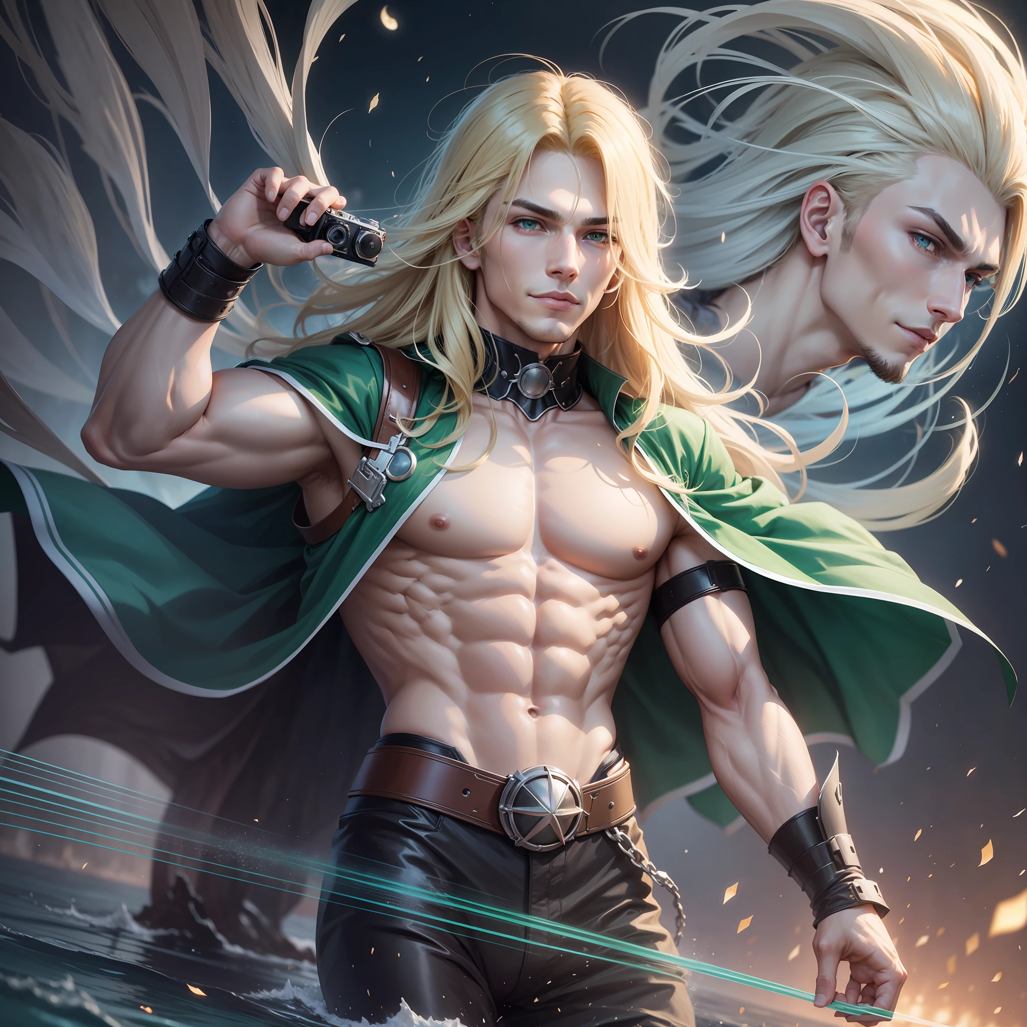 Male, long blonde hair, water green eyes, dynamic pose, solo, 32k,Super-Resolution,Full-HD,1080p,Fullscreen,Wallpaper,Generated by Midjourney, punk clothes,Full Moon, GameMaker, movie camera, war scene,Horror Anime,Horror Anime, 1080p, alone, bangs in hair, muscular body, Anime man, male face, smile with closed lips., Full moon, 4D Cinema, Perspective from point of view,  film camera, mysterious scene --chaos 58 --seed 3184 --no 0 --h 1333 --quality 100 --w 1222 --air 1222x256 --uplight --hd, long clothes, scenery of a forest