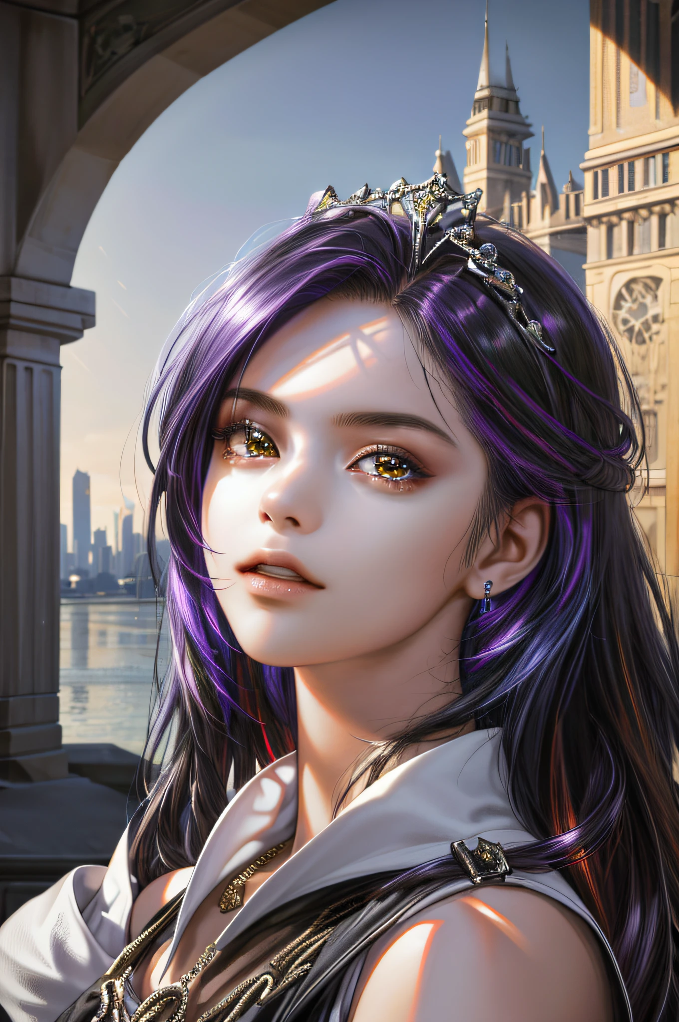 (absurdres, highres, ultra detailed), 2d, cheDark Fantasy,(masterpiece, best quality, ultra-detailed, highres, best illustration),perfect face, ((solo, solo focus)),sidelighting, lustrous skin,(bloom), (shine), ray tracing,1girl, solo, dark skin, jewelry, necklace, dark-skinned female, multicolored hair, lips, purple hair, upper body, brown eyes, breasts, bare shoulders, hair ornament, makeup, long hair, black hair, very dark skin, dreadlocks,depth_of_field, city background,very detailed background,extreme light and shadow,(detailed eyes), (beautiful) beautiful detailed eyes, perfect lighting , perfect anatomy,(extremely detailed illustrated 8k wallpaper),(masterpiece), (best quality), (ultra-detailed), (best illustration),(best shadow), vivid colors, portrait, shoulder, half body
