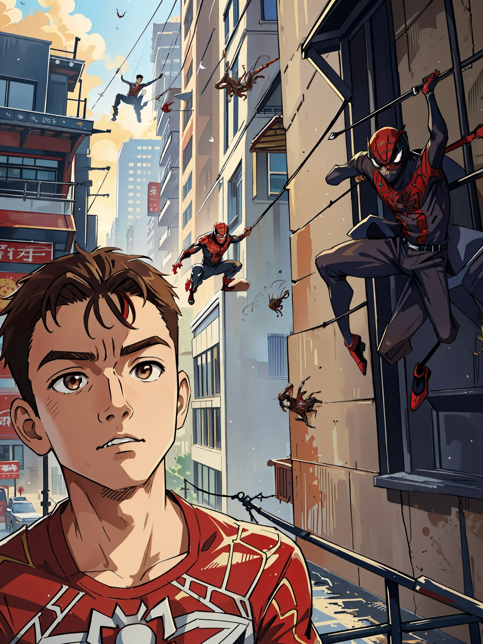 (masterpiece, best quality),  intricate details, 8k, artstation, wallpaper, official art, splash art, sharp focus,
1boy,  Nakiri Ayame, brown eyes, brown hair, 
 spider suit, spider web print, spider web,  
skyscrappers, city, buildings, cars, street, superhero pose