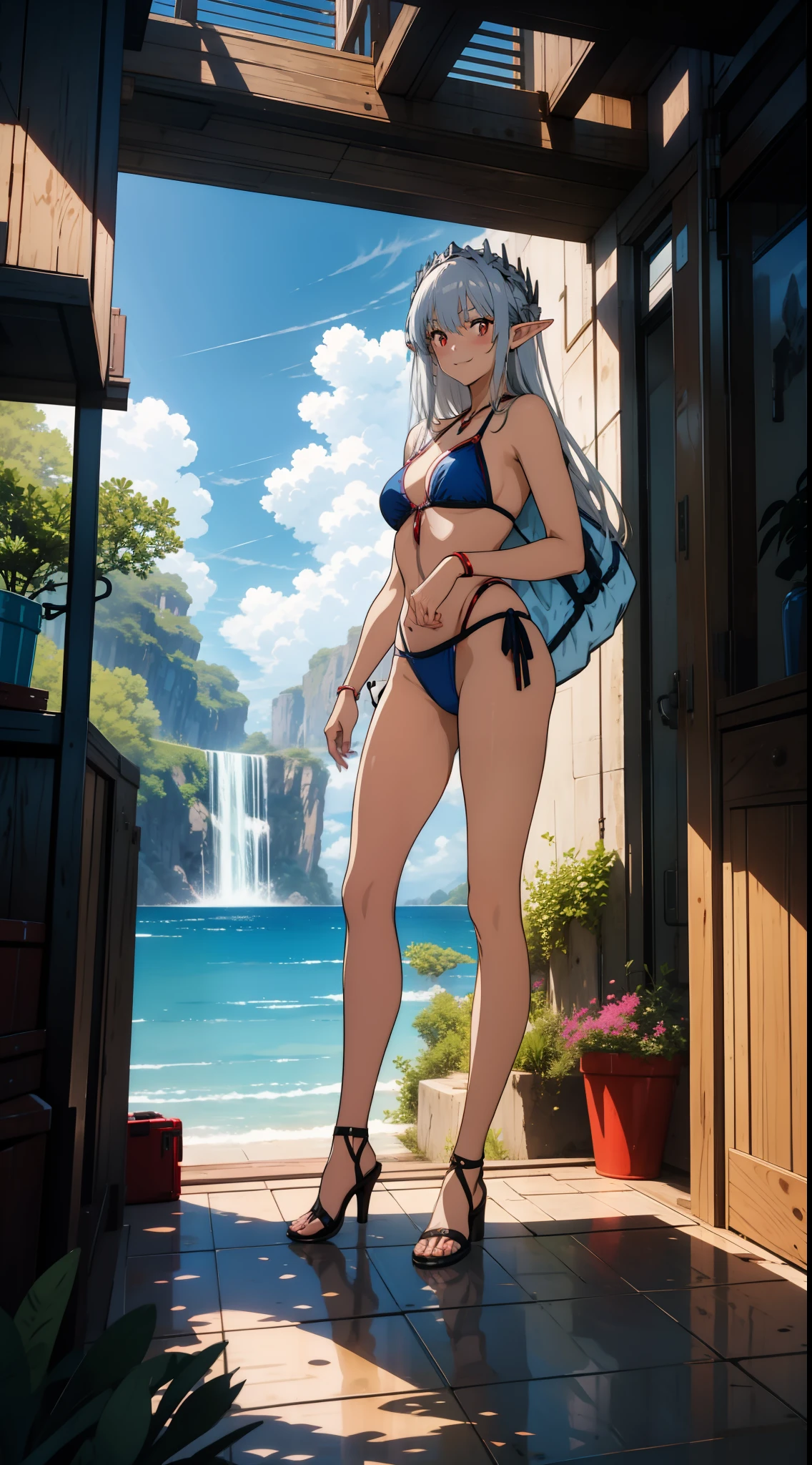 1 girl closeup, swimsuit, bikini, elf, silver hair, red eyes, straight hair, smiling, concept art, official art, beautiful anime scene, beautiful anime landscape, anime landscape