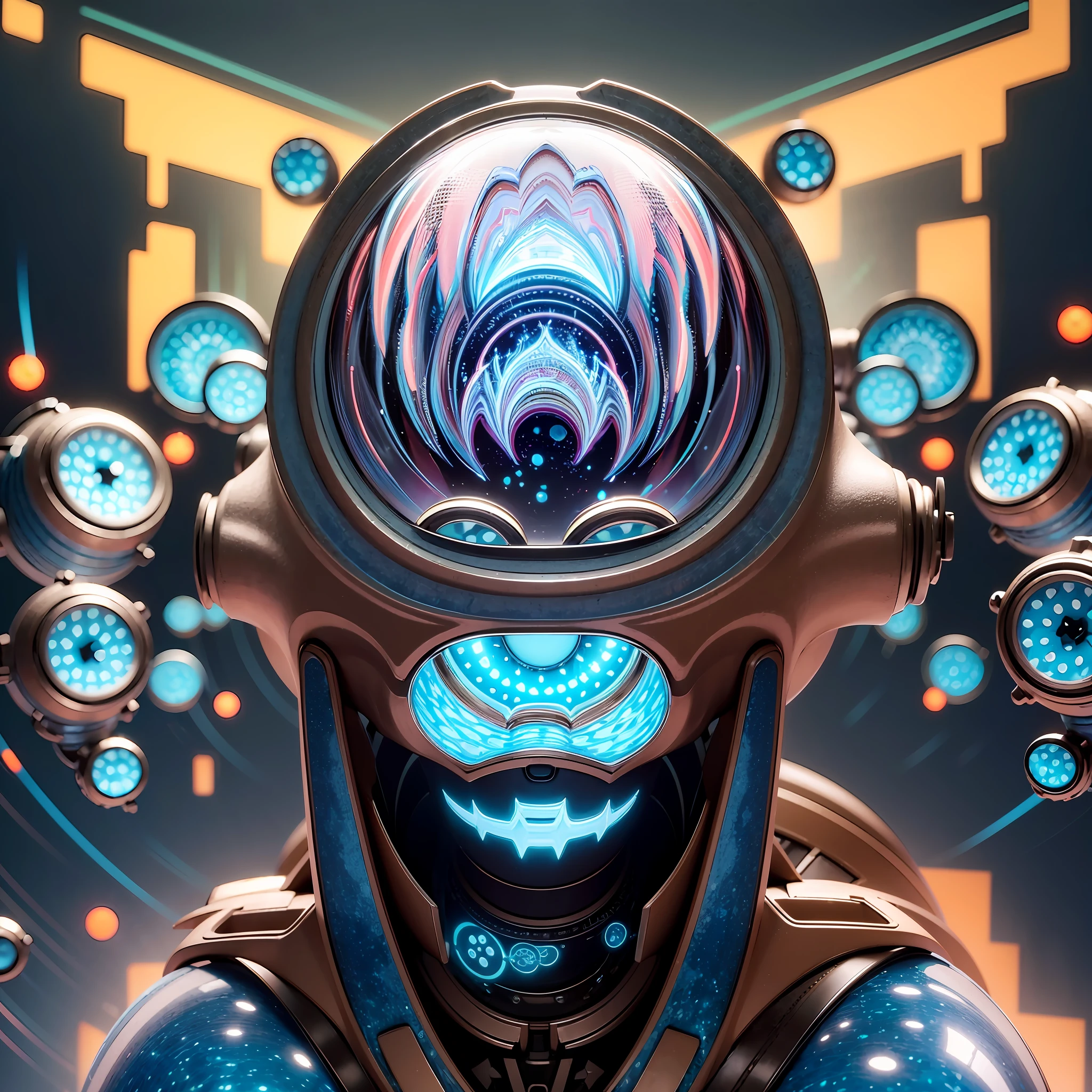 (DMT aura of kittybot shaman with a transparent helmet with a brain sticking out: 1.4), (metal wings: 1.2), (hyperloop car-flask mask: 1.2), (kawaii cyberpop fractal art: 1.6), (Tobias Gremmler fluid and dynamic forms art style: 1.6), (organic-geometric blend: 1.6), (shaman head reflects the mood and mind in surrealistic shapes: 1.2), (mask creates motion and warping in the light: 1.3), (ultra high resolution: 1.4), (ray tracing lighting: 1.4), (subsurface scattering skin: 1.2), (particle effects: 1.4), (depth of field: 1.4), (geometric-dotist abstraction: 1.6), (generative fluid fractal algorithm: 1.6).