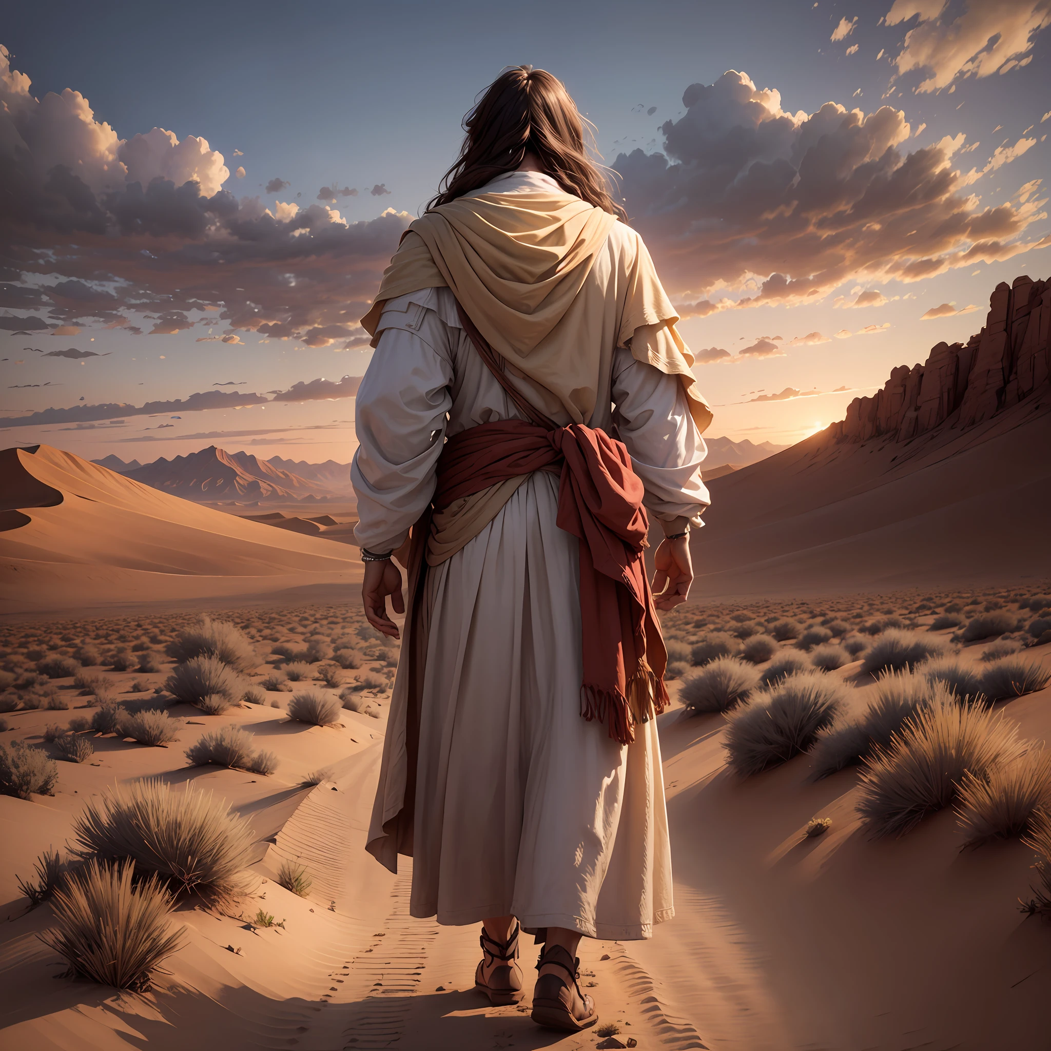 Jesus walking in the desert, at dusk, with clothes from the time of Christ, from the back, realistic image, 4k --auto --s2