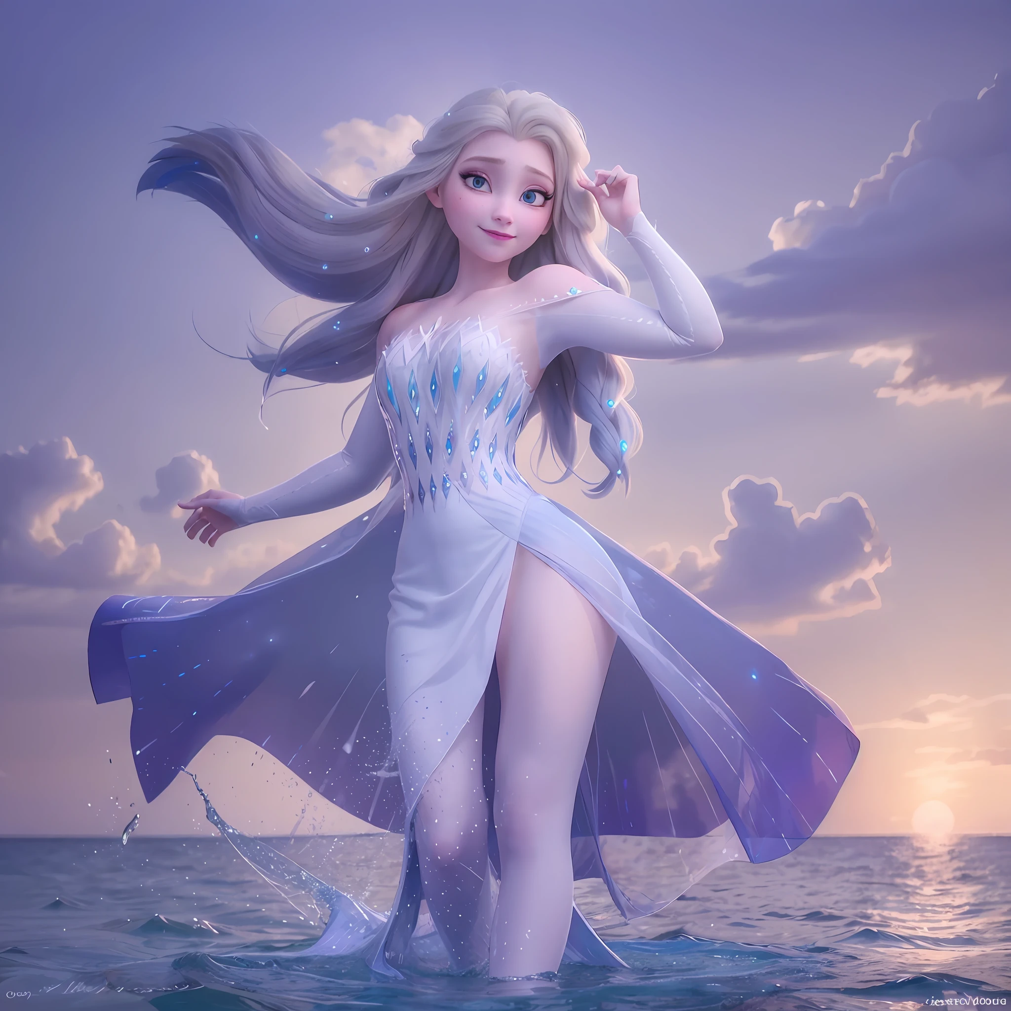 "masterpiece", best quality, ultra-detailed, beautiful, beautiful girl, dynamic pose, blue eyes, colored hair, white clothes, is on the water, sunset, wide painting, watercolor style", snow_queen_elsa