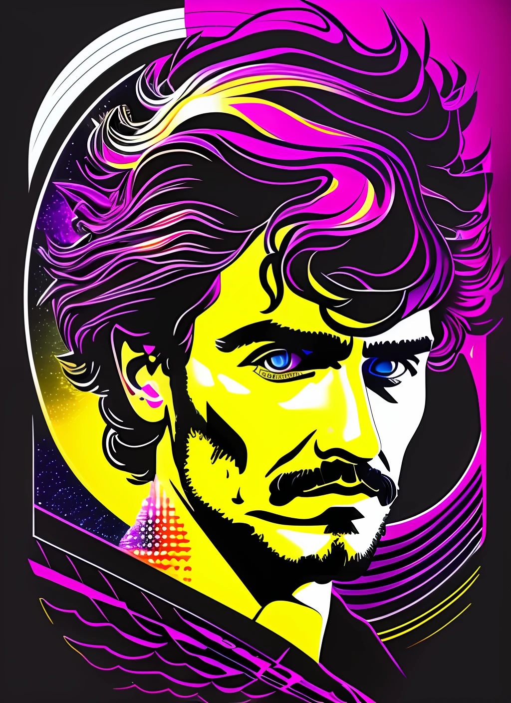 T-shirt art, 2D, ((black background: 1, 5)), vector, vivid colors, nietzsche rock star piano, dystopian rock stage, masterpiece, best quality, intricate details, perfect symmetrical face, rock and roll theme , rim light, moonlight , cinematic shading, Justin Trudeau --auto --s2