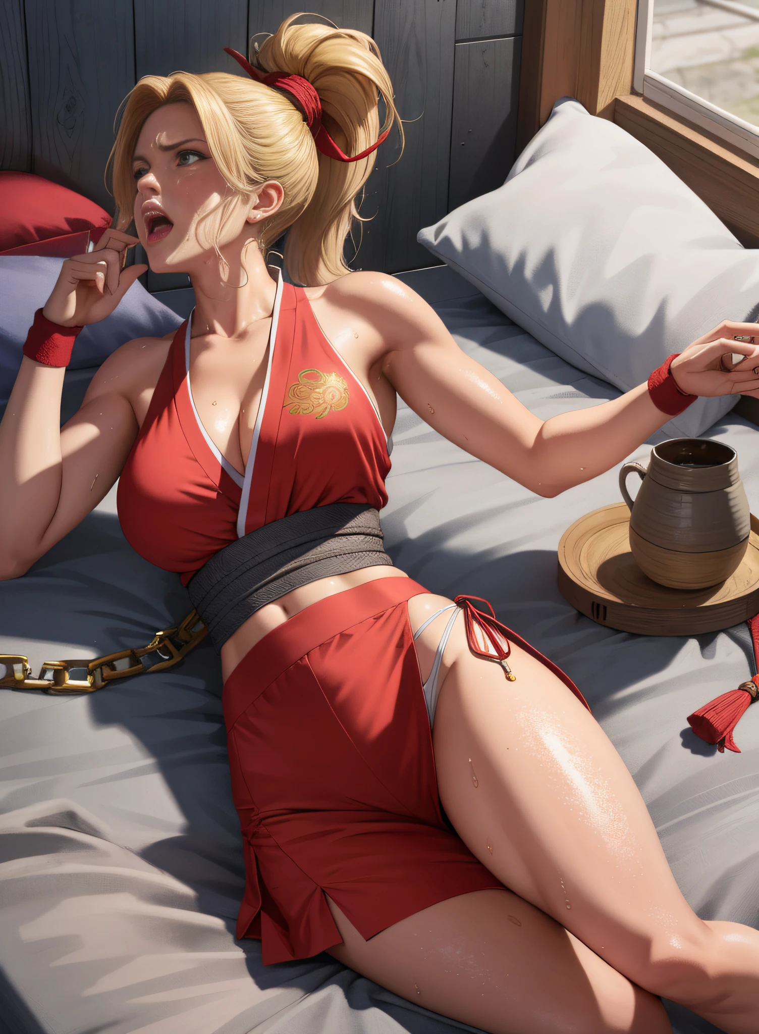 masterpiece:1.2, best quality), realistic, (real picture, intricate details, depth of field), (1girl, solo), make up, parted lips, highly-detailed, perfect face,
(huge breasts:1), (skindentation), thick thighs, wide hips, small waist, tall, glossy coral lips,
(blond hair:1.4),ponytail,
(sweating:1.2), (wet), sexy, blushing,shiranui mai,genryusai maki,final fight,red kimono, bare shoulder,full body, bare legs, barefoot,cleavage,bare arms,fishnet bra,ninja, kunoichi,shinobi,chain mail shirt,muscular female, panties,sweating,sweating profusely,shouting, screaming, open mouth,(moaning in pain, feeling pain, tears, pain, crying with pain, expression of anguish),lying on the bed, on back,