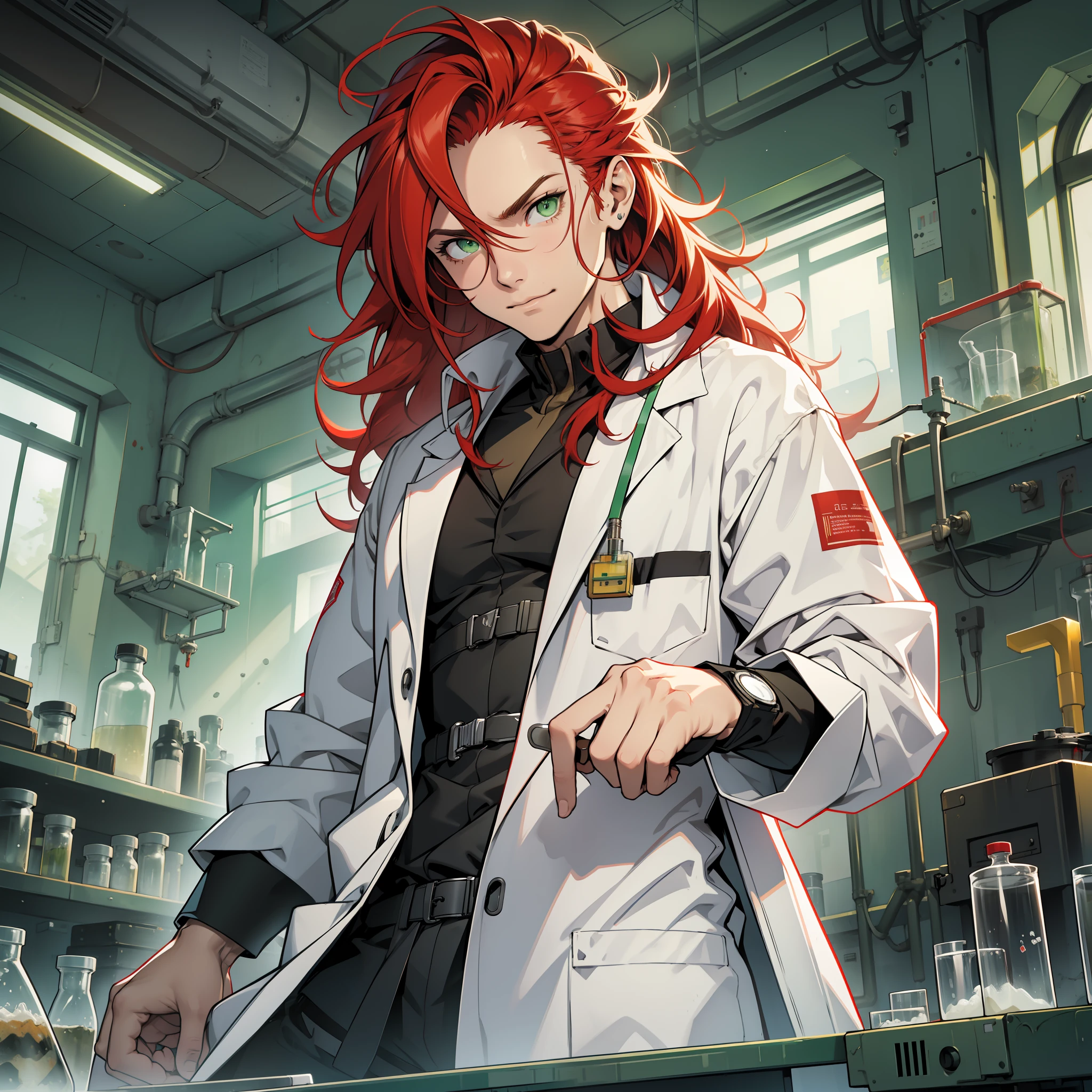 man, scientist long red hair messy, green eyes, scientist lab coat, lab set in background, futuristic