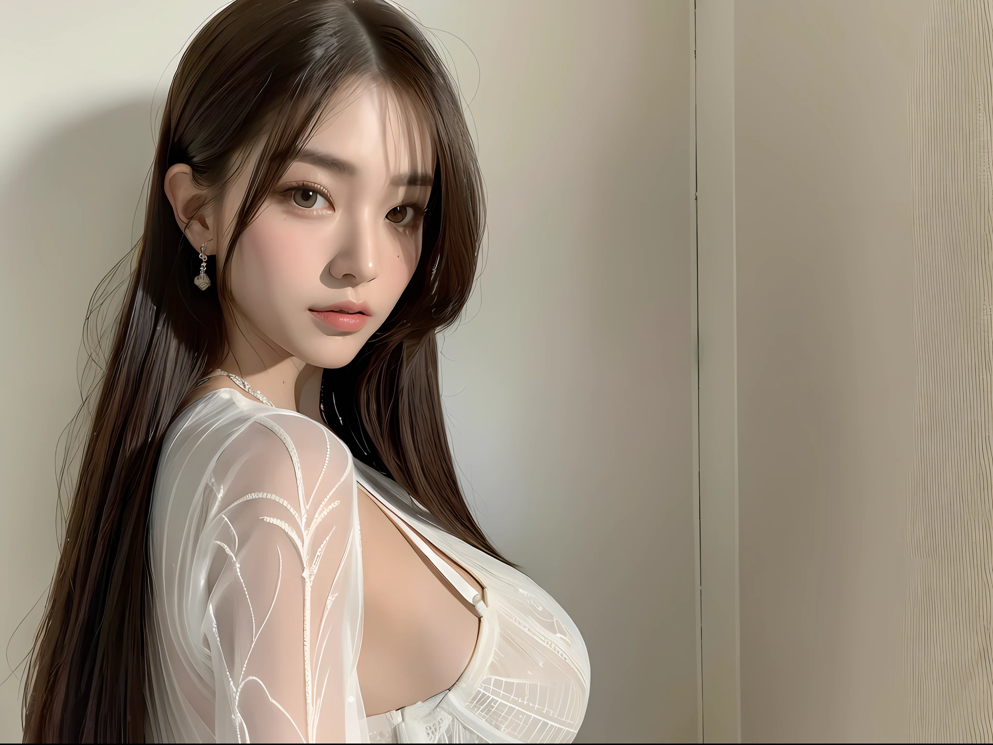 (8k, highest quality, masterpiece: 1.2), (hair_style), (realistic, photorealistic: 1.37), plump eyes, highest quality, masterpiece, standing in front of a white wall, [small breasts], professional lighting, shooting the whole body of the subject from a distance, angle from behind, shot in natural light from morning to noon, fashion style of Japan trend in 2023, real, Super detail, 30s, actress, elaborate CG, slender, hairstyle is straight straight hair, delicate skin type, emphasizes hair luster,