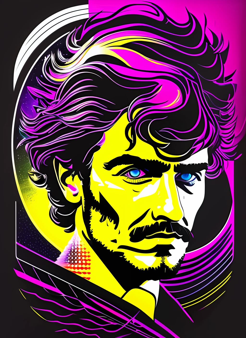 T-shirt art, 2D, ((black background: 1, 5)), vector, vivid colors, nietzsche rock star piano, dystopian rock stage, masterpiece, best quality, intricate details, perfect symmetrical face, rock and roll theme , rim light, moonlight , cinematic shading, Justin Trudeau --auto --s2
