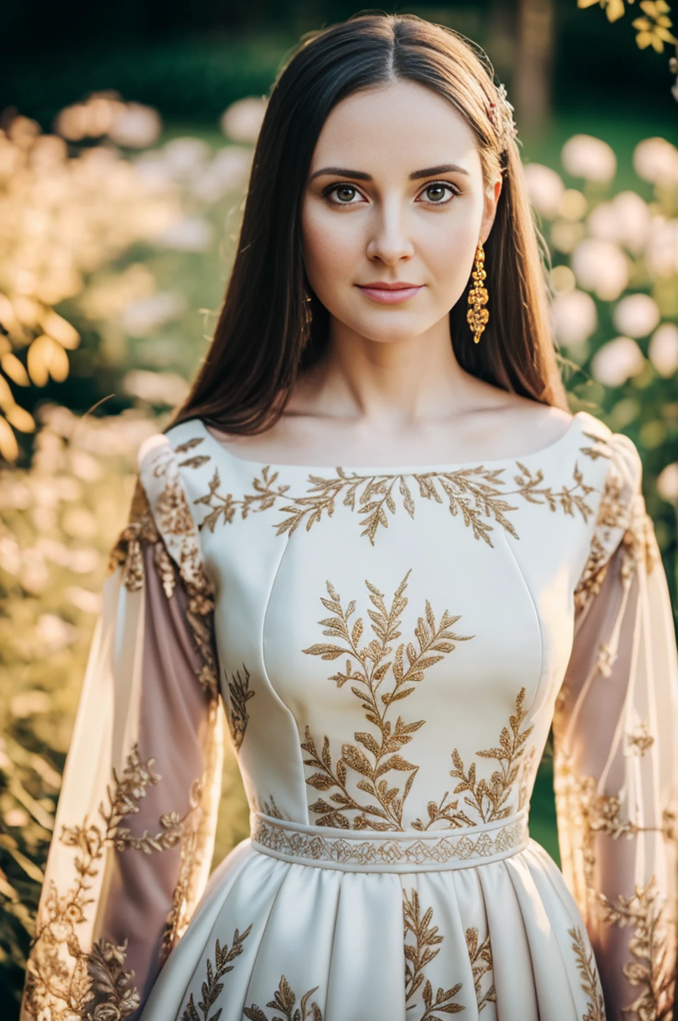 RAW Photo, mid shot portrait of a beautiful angel facing at the camera, ((35 years old female)), round face, dark brown eyes, pale skin, elaborate floral long conservative dress with sleeves, in a magical garden background, golden hour, best quality, golden ratio, photorealistic, cinematic lighting, highly detailed, skin texture, film grain, Fujifilm XT3, Canon lens