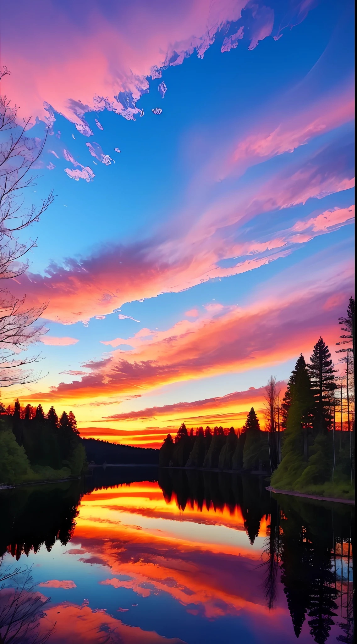 there is a beautiful sunset with a lake and trees in the background, colorful skies, surreal colors, colorful sunset, colorful sky, marvellous reflection of the sky, stunning sky, dream like atmosphere 8k, colorful clouds, colors reflecting on lake, surreal sky, red and blue reflections, fire reflection, beautiful sky, beautiful and spectacular dusk, beautiful dreamy landscape, amazing sky