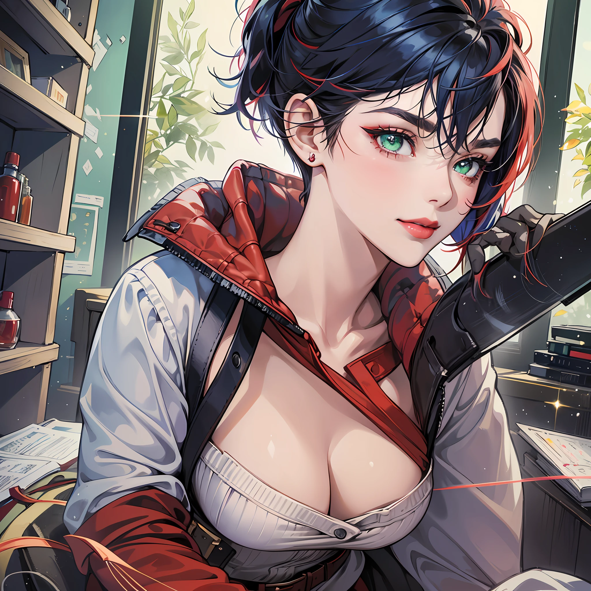 Anime portrait of a Original Character, Volumetric Lighting, Best Shadows, Portrait Of Stunningly adult woman, profissional cientist, atletic, strong Beautiful Attractive Face With serious lime green Eyes, perfect Painted Face, Slim Eyebrows, Broadly Smiling, closed mouth, Lovely medium Breasts, big earing, red lipstick, short pixie messy dark blue Hair, Blush Eyeshadow, Thick Eyelashes, elegant red modern clothes, Slim Waist, red Pants, With Buckle Belt, in a laboratory, white light, science things all around, (Highest Quality, Amazing Details:1.25), (Solo:1.3), Brilliant Colorful Paintings --auto --s2