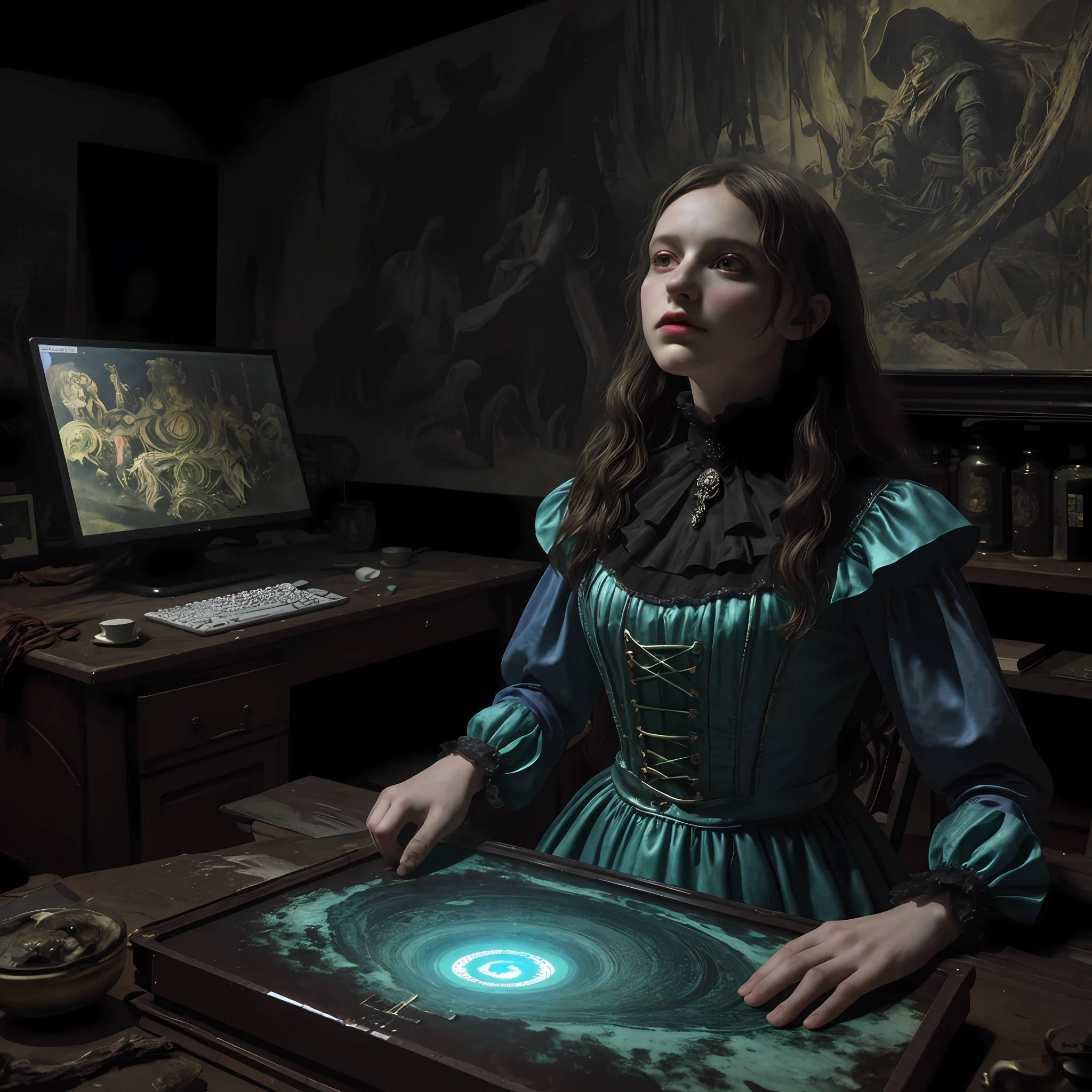 spectral rendering,old yaken image by daguerreotype,hyper-detailed painting by Courbet and Picasso,pov visit of the interior of a haunted horror house,disgusting 3d-holographic-horror background of anamorphic sculptures by Arcimboldo and Nicola-Samori,pov run motion blur,Oleg-Shuplyak depth optical illusion,hypnotic illusion,ray-tracing,cinematic-filter,pixiJS rendering