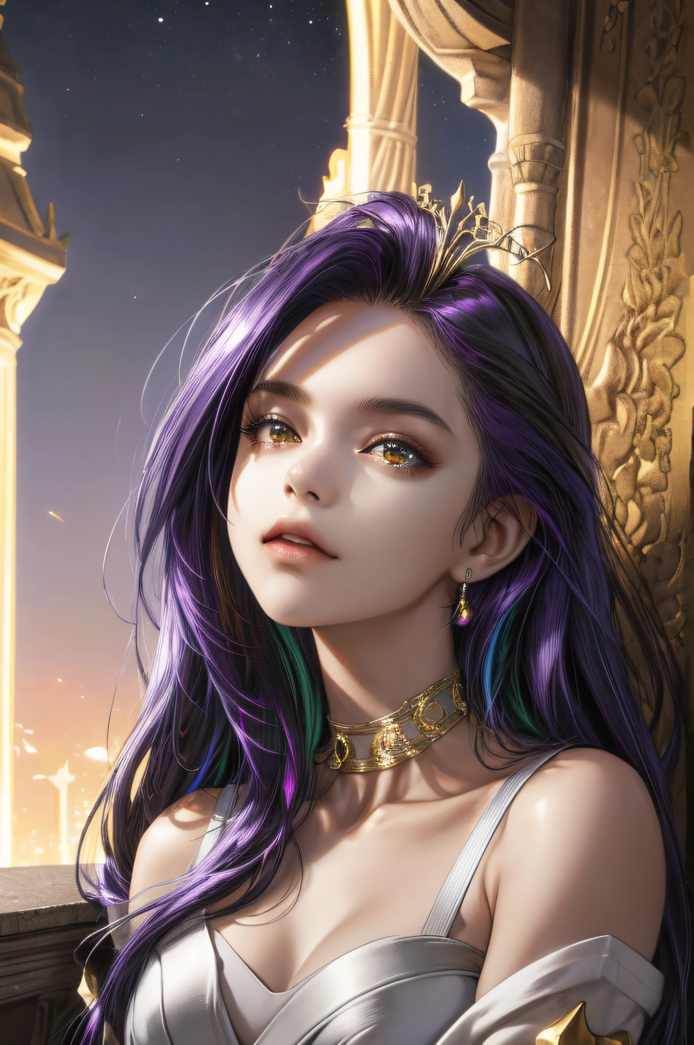 (absurdres, highres, ultra detailed), 2d, cheDark Fantasy,(masterpiece, best quality, ultra-detailed, highres, best illustration),perfect face, ((solo, solo focus)),sidelighting, lustrous skin,(bloom), (shine), ray tracing,1girl, solo, dark skin, jewelry, necklace, dark-skinned female, multicolored hair, lips, purple hair, upper body, brown eyes, breasts, bare shoulders, hair ornament, makeup, long hair, black hair, very dark skin, dreadlocks,depth_of_field, city background,very detailed background,extreme light and shadow,(detailed eyes), (beautiful) beautiful detailed eyes, perfect lighting , perfect anatomy,(extremely detailed illustrated 8k wallpaper),(masterpiece), (best quality), (ultra-detailed), (best illustration),(best shadow), vivid colors, portrait, shoulder, half body