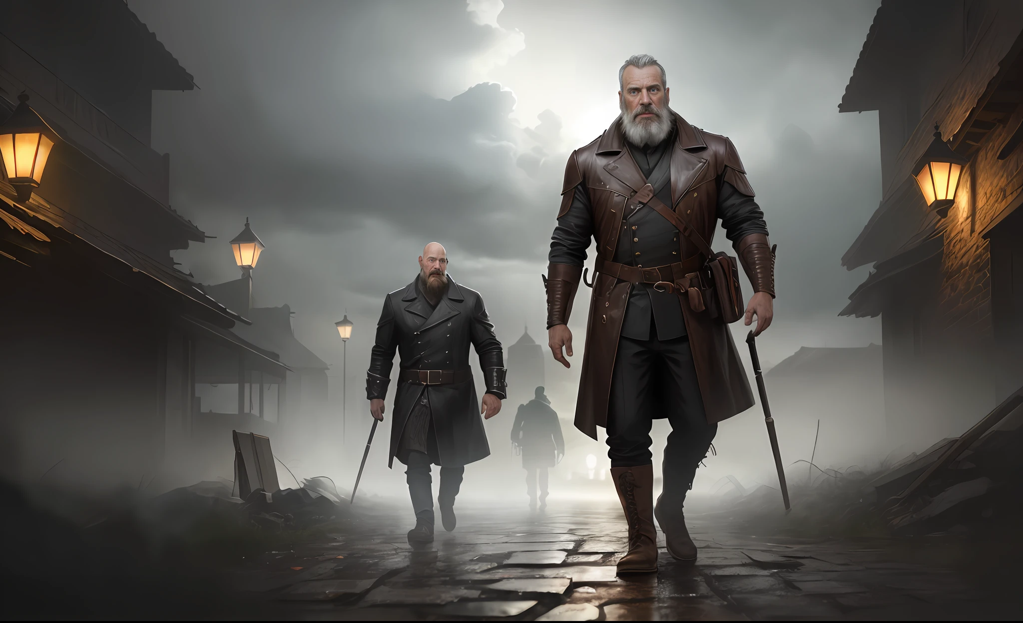 photo of the most beautiful work of art in the world featuring a bearded, full-body, looking 45 years old, sad, thoughtful on a dark path with people, plunging into the depths of his own soul(vibrant, realistic photo, realistic, dramatic, dark, sharp focus, 8k), (weather-damaged old and worn leather clothing: 1.4), (global lighting, gloomy environment, volumetric half light)