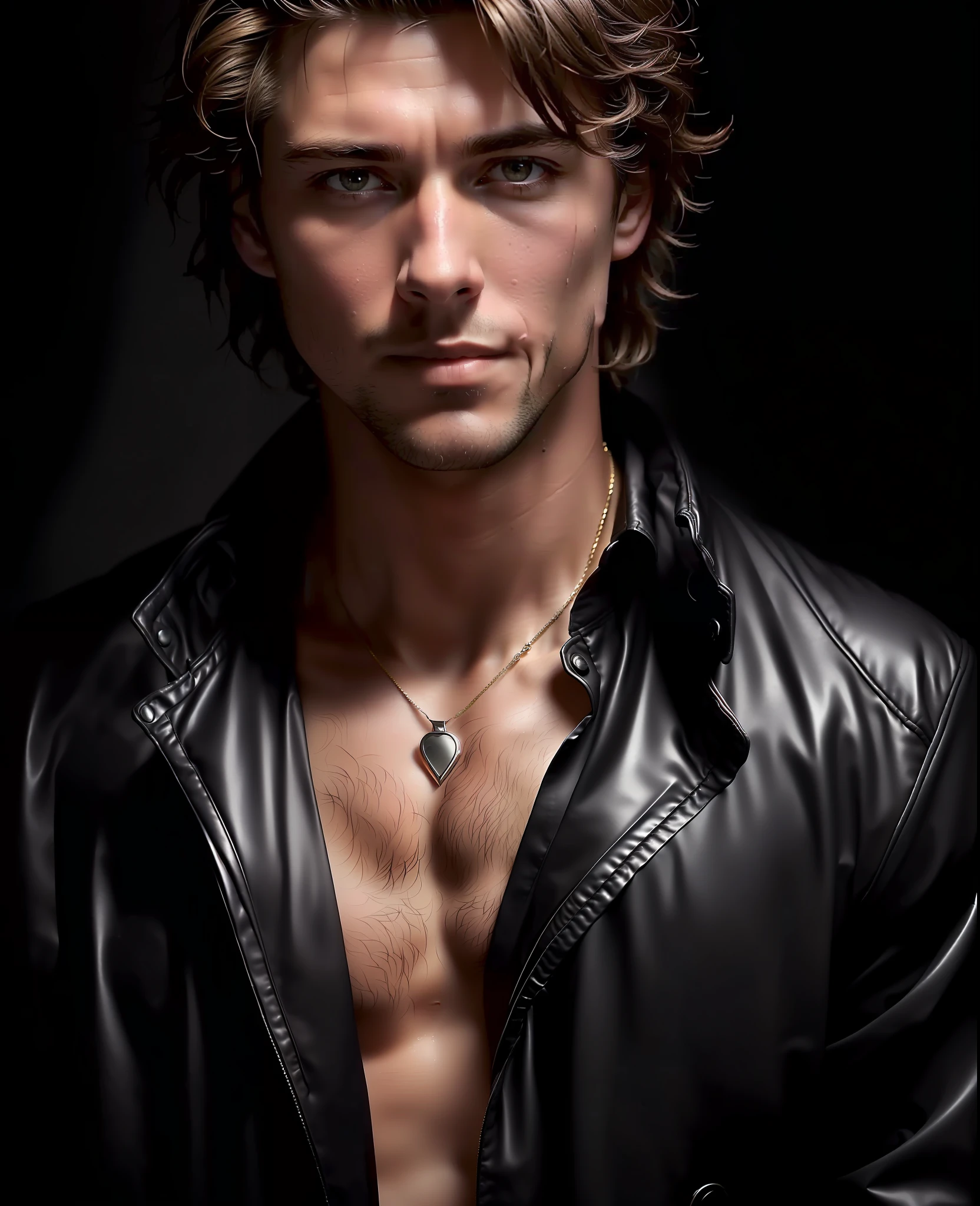 an award-winning photograph of a (handsome man: 1.5 ), detailed, trend in Artstation, black suit, chestnut, brown eyes, sports body, messy hair, wet hair, light long hair, necklace, man, extreme realistic, high quality, very detailed, dramatic lighting, digital art trends in Artstation 8k HD realistic detailed, detailed, skin texture, super detailed, realistic skin texture,  realistic, Armor, best quality, super high resolution, (fidelity: 1.4), high resolution, detailed, RAW photo, sharp RE, by Lee Jeffries Nikon D850 film Stock Photography 4 Kodak Portra 400 camera F1.6 lens rich colors Realistic texture hyper-realistic dramatic lighting UnrealEngine trend in ArtStation CineStill 800, in-room