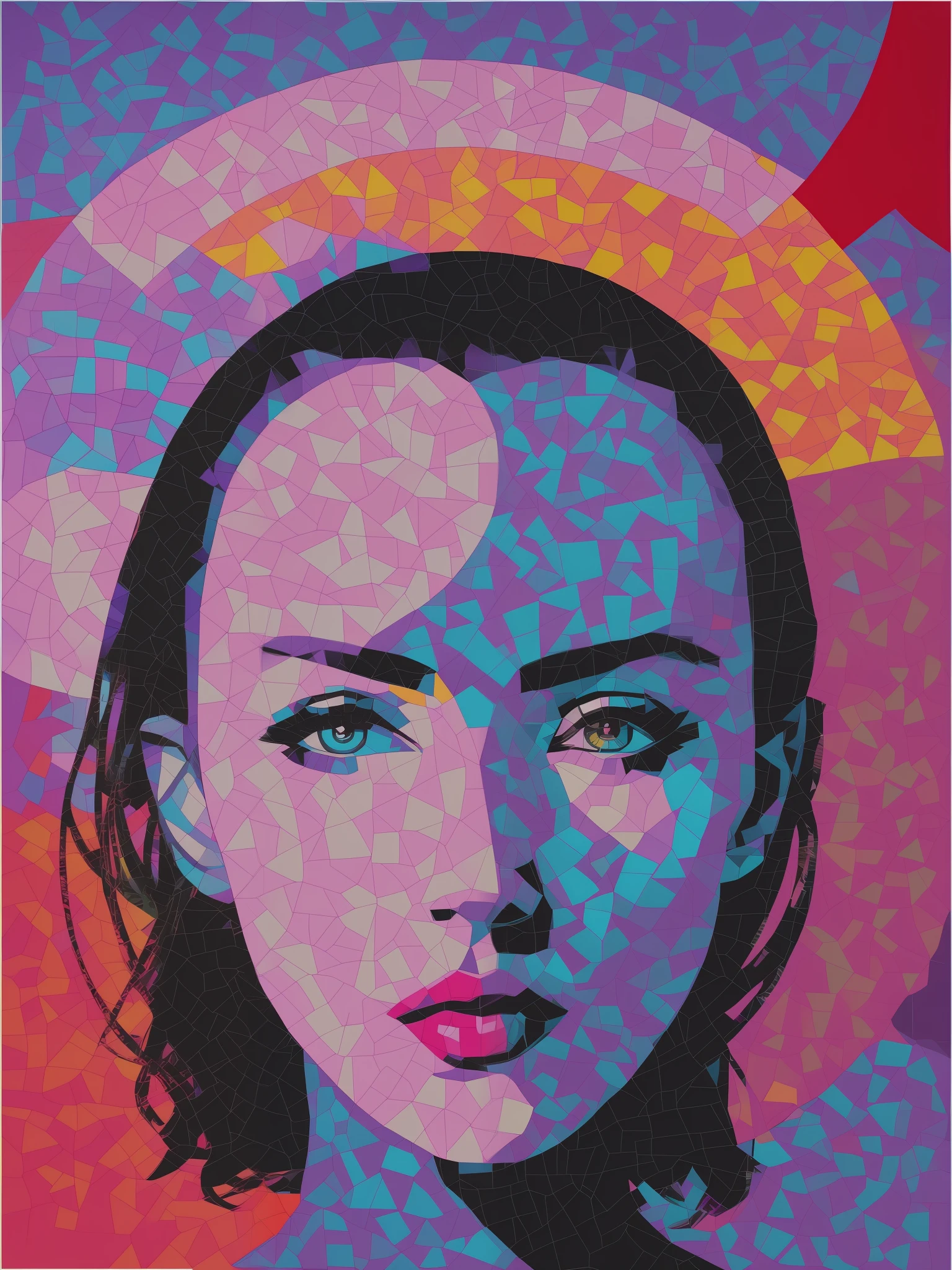 painting of a woman with a halo on her head, cmyk portrait, stunning art, portrait of natalie portman, a pop art painting, megan fox colorful portrait, pop art masterpiece, pop art painting, inspired by Juan O'Gorman, dotart, acrylic art, acrylic on canvas, portrait of the angelina jolie, violet polsangi pop art