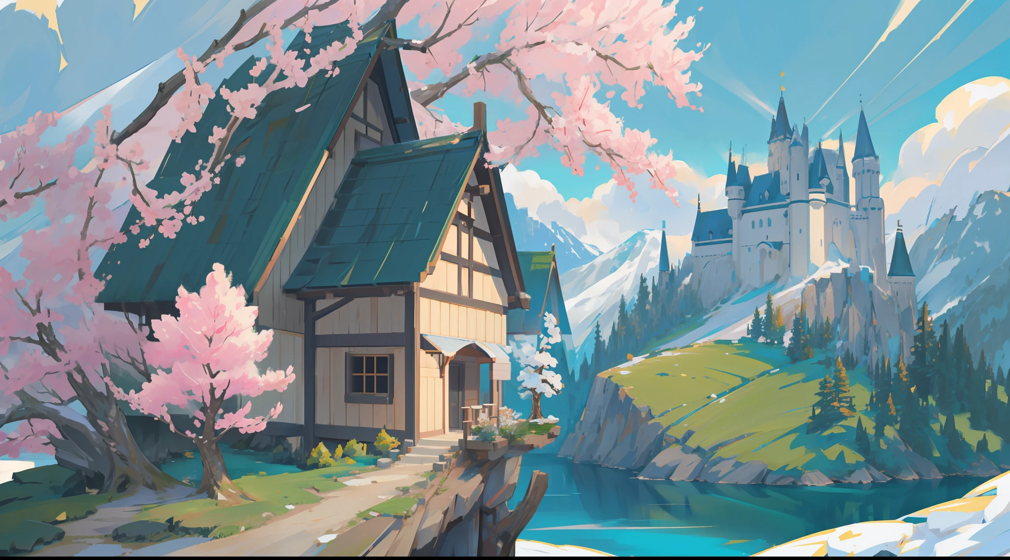 landscape, nature, sakura tree, wind, winter, mountain range, mountain sitting near mountain, detailed water, peaceful, green grass, castle, extremely detailed, depth of field, cinematic lighting, Ghibli-like colours, high detail, scenery, high place, horizon, wind, wind blow, 8k, bokeh, award winning, (masterpiece:1.2), best quality, no humans