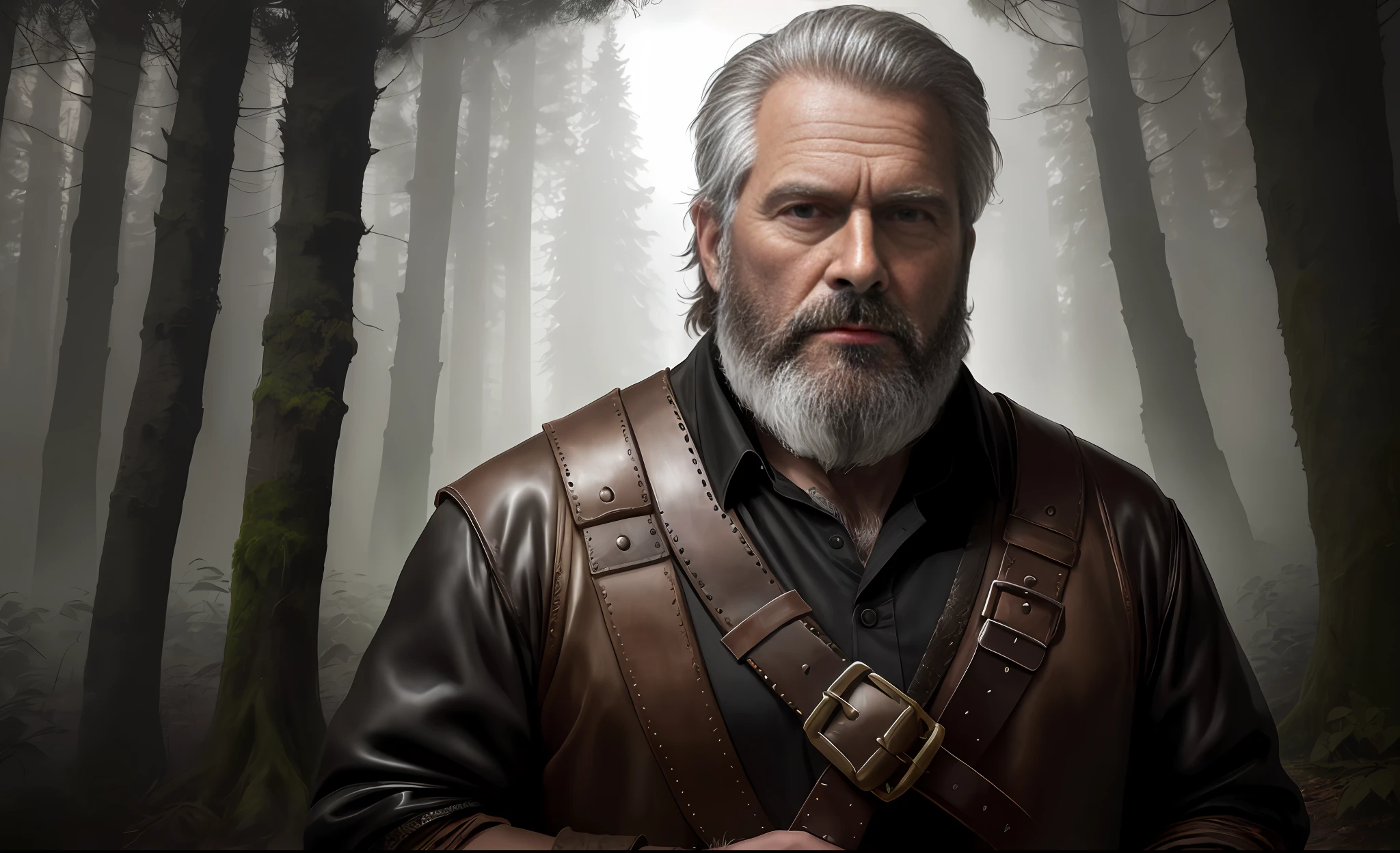 photo of the most beautiful work of art in the world featuring a bearded, full-body, looking 45 years old, sad, pensive in a shadowy forest with darkness, devastating with scrolls and hold ancestral secrets (vibrant, realistic photo, realistic, dramatic, dark, sharp focus, 8k), (weather-damaged old and worn leather clothing: 1.4), (global lighting, gloomy environment, volumetric half light)