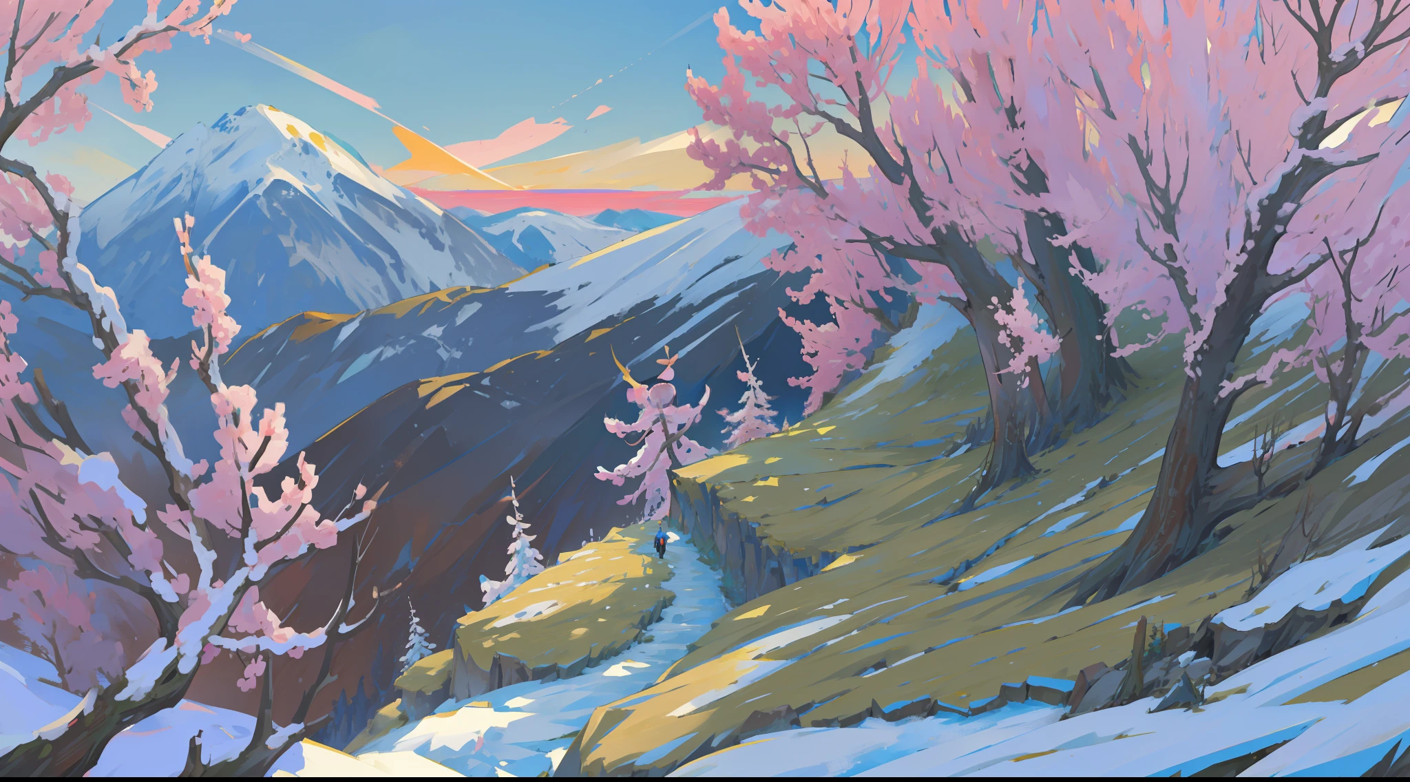 landscape, nature, sakura tree, wind, winter, mountain range, mountain sitting near mountain, detailed water, peaceful, green grass, castle, extremely detailed, depth of field, cinematic lighting, Ghibli-like colours, high detail, scenery, high place, horizon, wind, wind blow, 8k, bokeh, award winning, (masterpiece:1.2), best quality, no humans