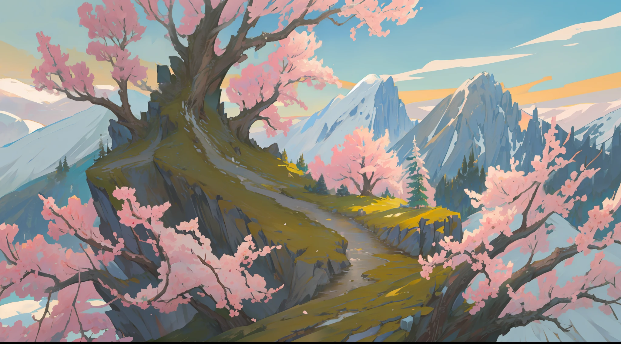 landscape, nature, sakura tree, wind, winter, mountain range, mountain sitting near mountain, detailed water, peaceful, green grass, castle, extremely detailed, depth of field, cinematic lighting, Ghibli-like colours, high detail, scenery, high place, horizon, wind, wind blow, 8k, bokeh, award winning, (masterpiece:1.2), best quality, no humans
