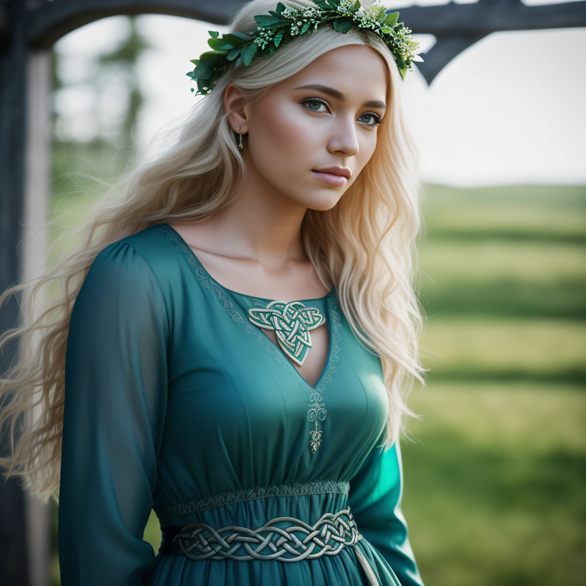 Image shows (a beautiful woman of Norwegian descent with Celtic style). She has slightly reddish cheeks and (bluish ice-colored eyes with a subtle black outline). Her hair is blonde, The model wears a (elegant white transparent Celtic dress), with a wreath on her head. She is captured in an enhanced ESRGAN image with a realistic face (captured in a head-to-toe photo), (full body photo), which shows her youthful appearance at the age of 22. The image was captured using a 50mm sigma Slente lens in stunning detail at 8192 x 8192 pixels with High Dynamic Range to capture accurate color and detail. (The model is at a Celtic party), illuminated by sunlight that creates shadows and reflections, and with a volumetric light effect adding depth to the image. The result is an image that highlights the fierce and powerful nature of a Viking woman with Norwegian heritage, depicted with stunning detail and realism, (she is alone in the image), (the day is with the blue sky), (Celtic festivity scene), (Day of radiant sunshine), (photo with contrast), (Mirrorless camera)