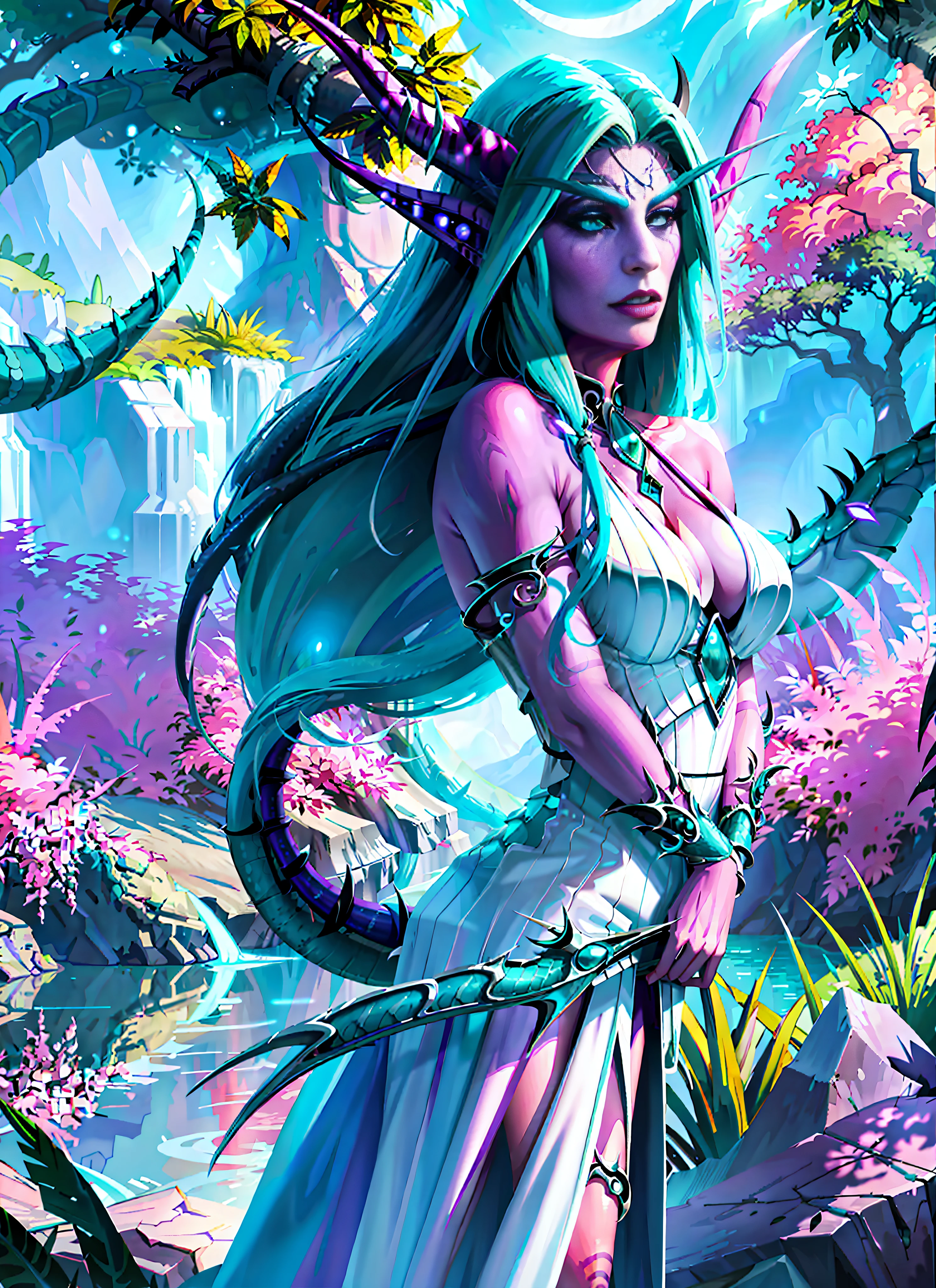 tyrande whisperwind, nightelf, light pink skin, black dragon horns, dragon tail, long aqua hair, beautiful, realistic, outdoors, plants, nature, friendly, fantasy style, elegant white dress, jewelry, detailed, black dragon horns, dragon tail