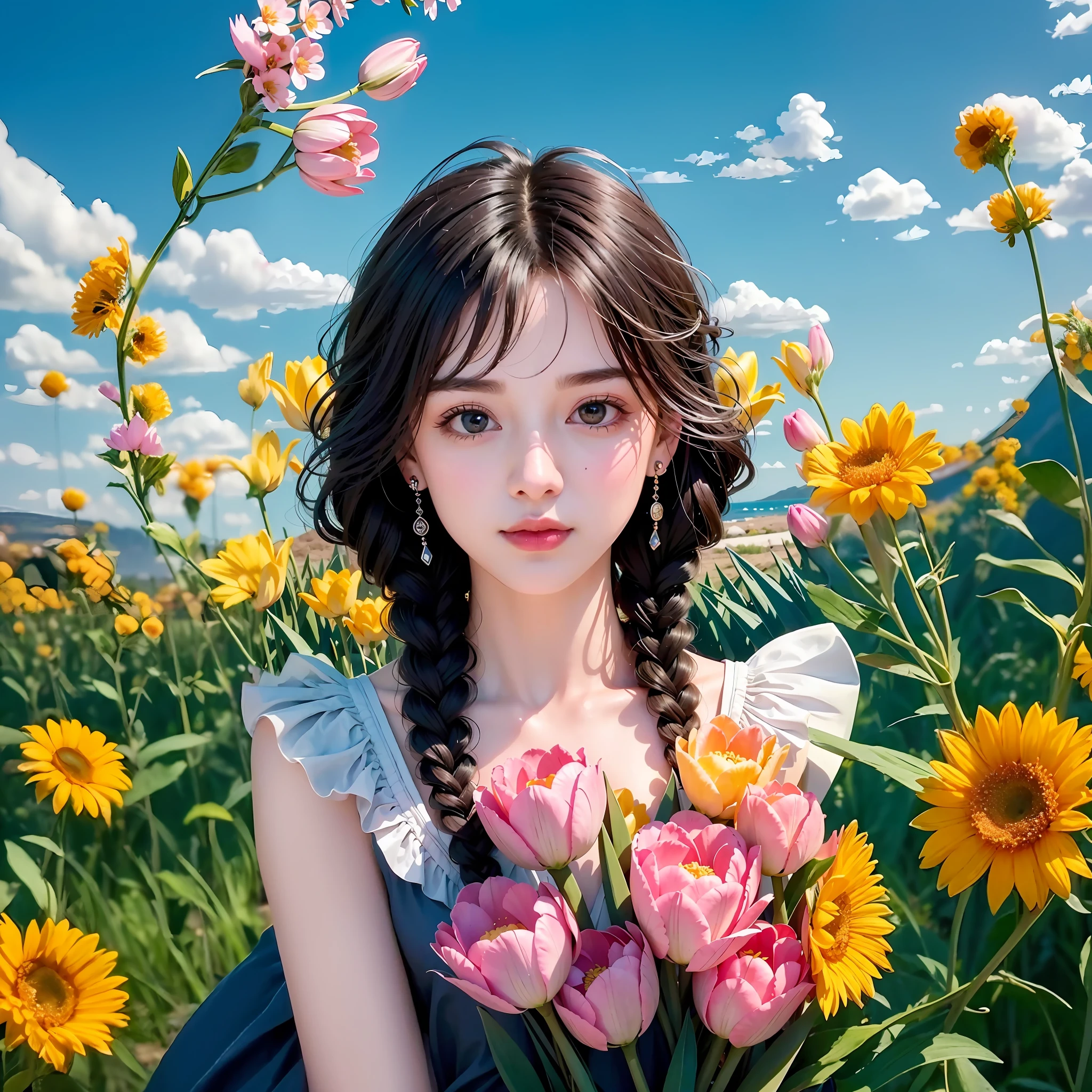 Masterpiece, superlative, super detailed, solo, a woman with long hair holding a bouquet of flowers in the field, urzang, beautiful anime portrait, popular korean makeup, guwiz style artwork, braid hairstyle, kawaii realistic portrait, stunning anime face portrait, popular korean makeup, guviz, korean girl, sung yanjun, sakimikan, two braid hairstyles