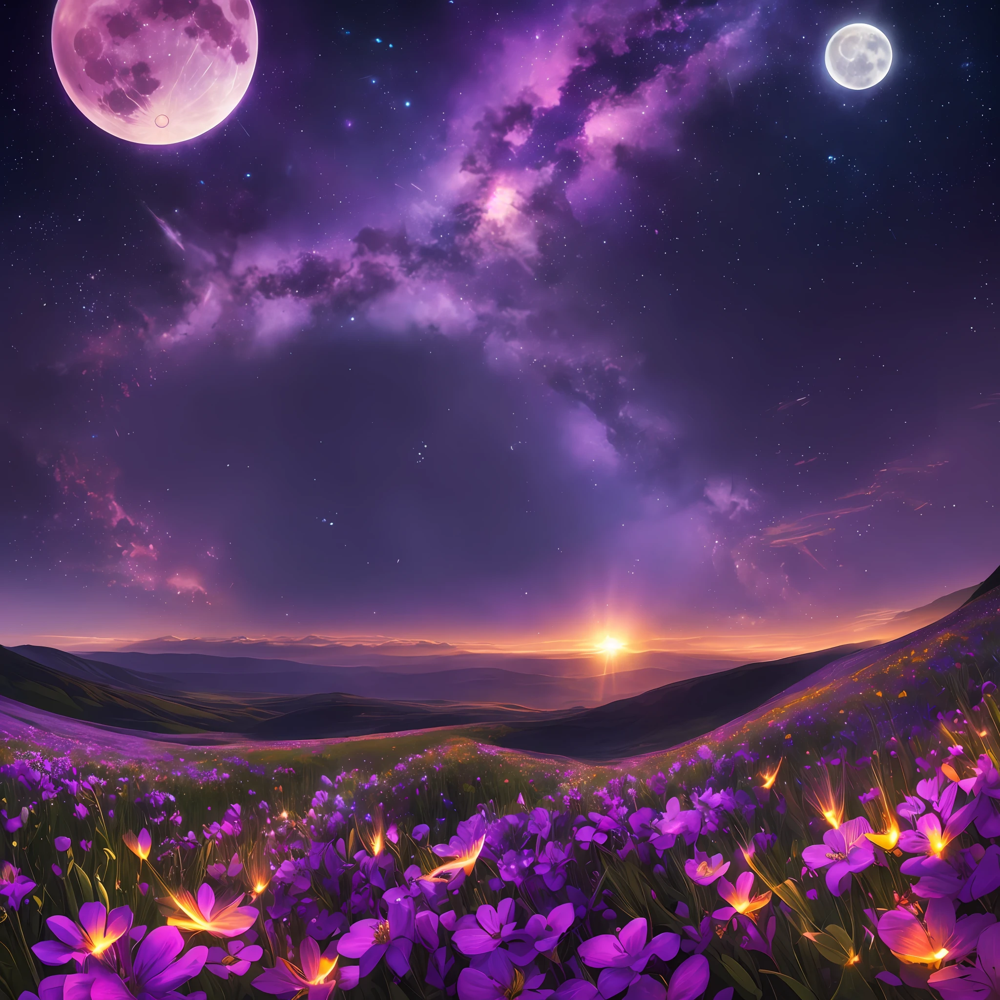 expansive landscape photograph , (a view from below that shows sky above and open field below), a girl standing on flower field looking up, (full moon:1.2), ( shooting stars:0.9), (nebula:1.3), distant mountain, tree BREAK
production art, (warm light source:1.2), (Firefly:1.2), lamp, lot of purple and orange, intricate details, volumetric lighting, realism BREAK
(masterpiece:1.2), (best quality), 4k, ultra-detailed, (dynamic composition:1.4), highly detailed, colorful details,( iridescent colors:1.2), (glowing lighting, atmospheric lighting), dreamy, magical, (solo:1.2) --auto --s2