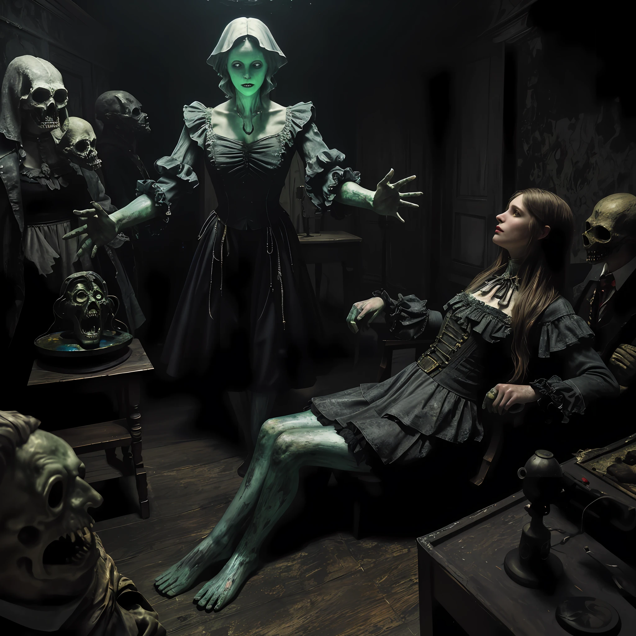 spectral rendering,old yaken image by daguerreotype,hyper-detailed painting by Courbet and Picasso, visit of the interior of a haunted horror house,disgusting 3d-holographic-horror background of anamorphic animatronic sculptures by Arcimboldo and Nicola-Samori,pov run motion blur,Oleg-Shuplyak depth optical illusion,hypnotic illusion,ray-tracing,cinematic-filter,pixiJS rendering