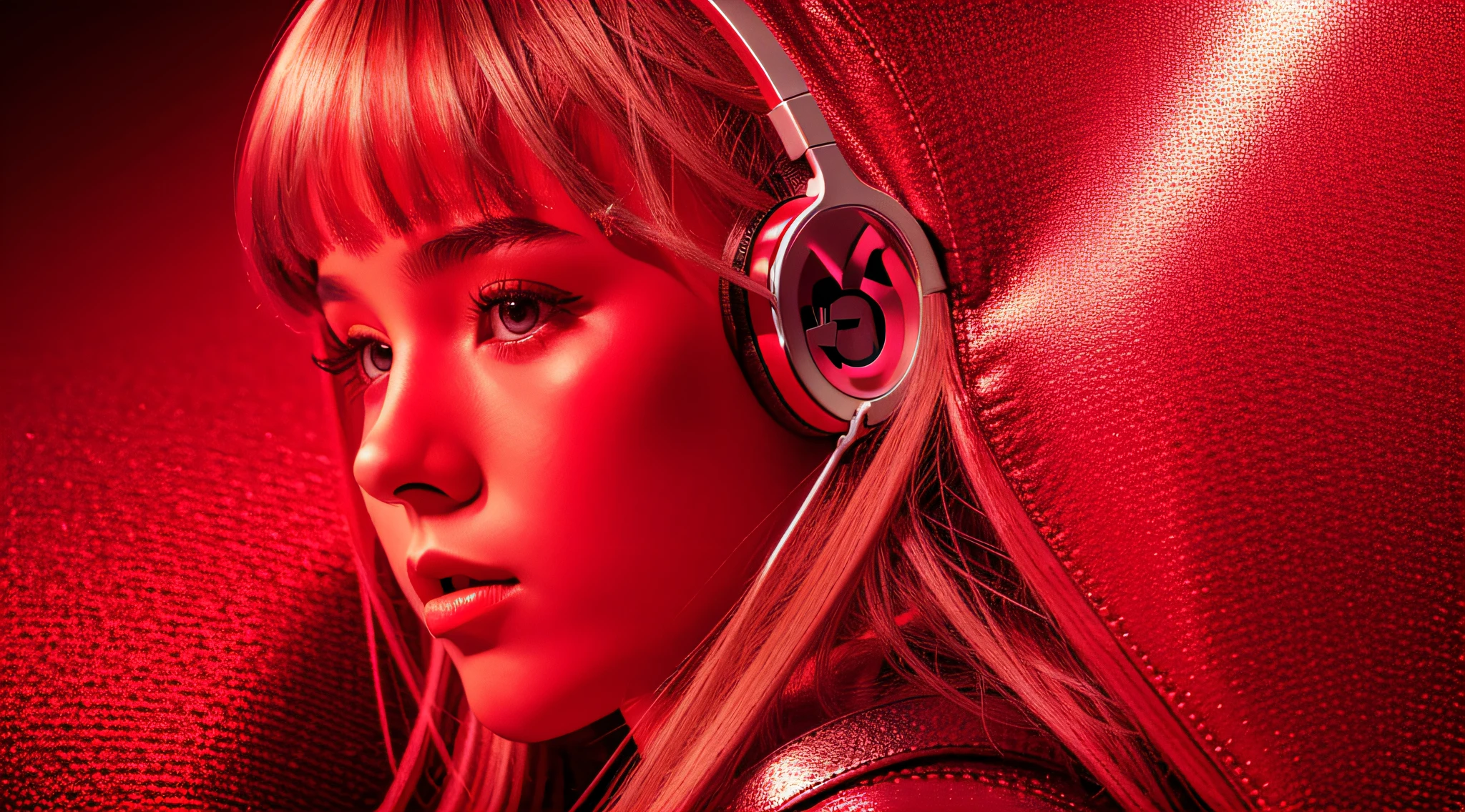 GIRL child , RUSSIAN BLONDE long hair and headphones, portrait, SILVER LEATHER JACKET, VINYL AND CDS red background. --auto --s2