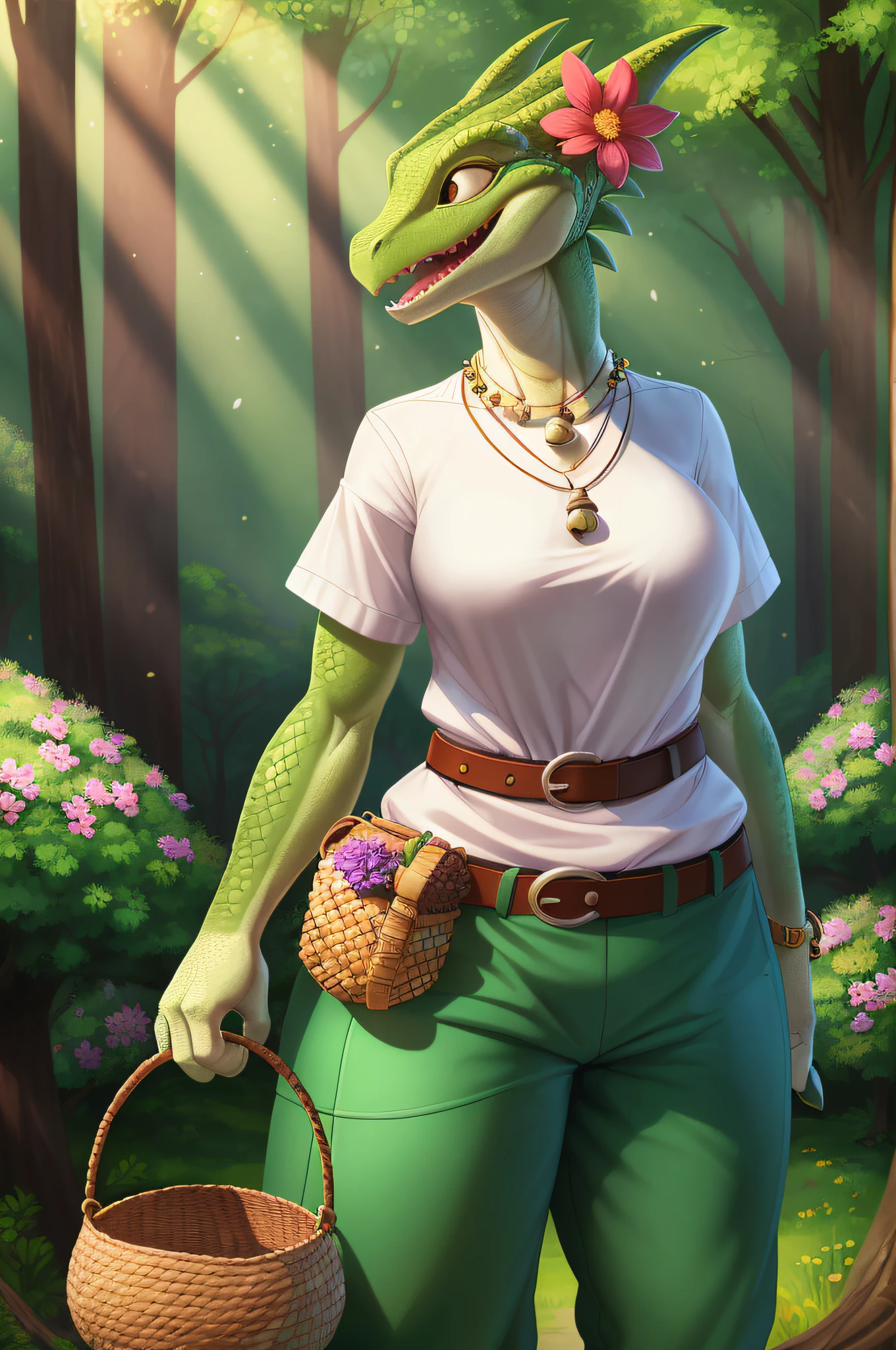 Female, antro, solo, (average breasts), (curvy:1.2), kobold, (green scales:1.1), (white belly), (bells trousers), (green shirt with flowers pattern), (holding 1 woven basket), (belt with pouches), (bone necklace), happy, caring, smiling, mature, pure, forest background, nature, highly detailed, high resolution, detailed eyes, detailed hands, detailed background, realistic