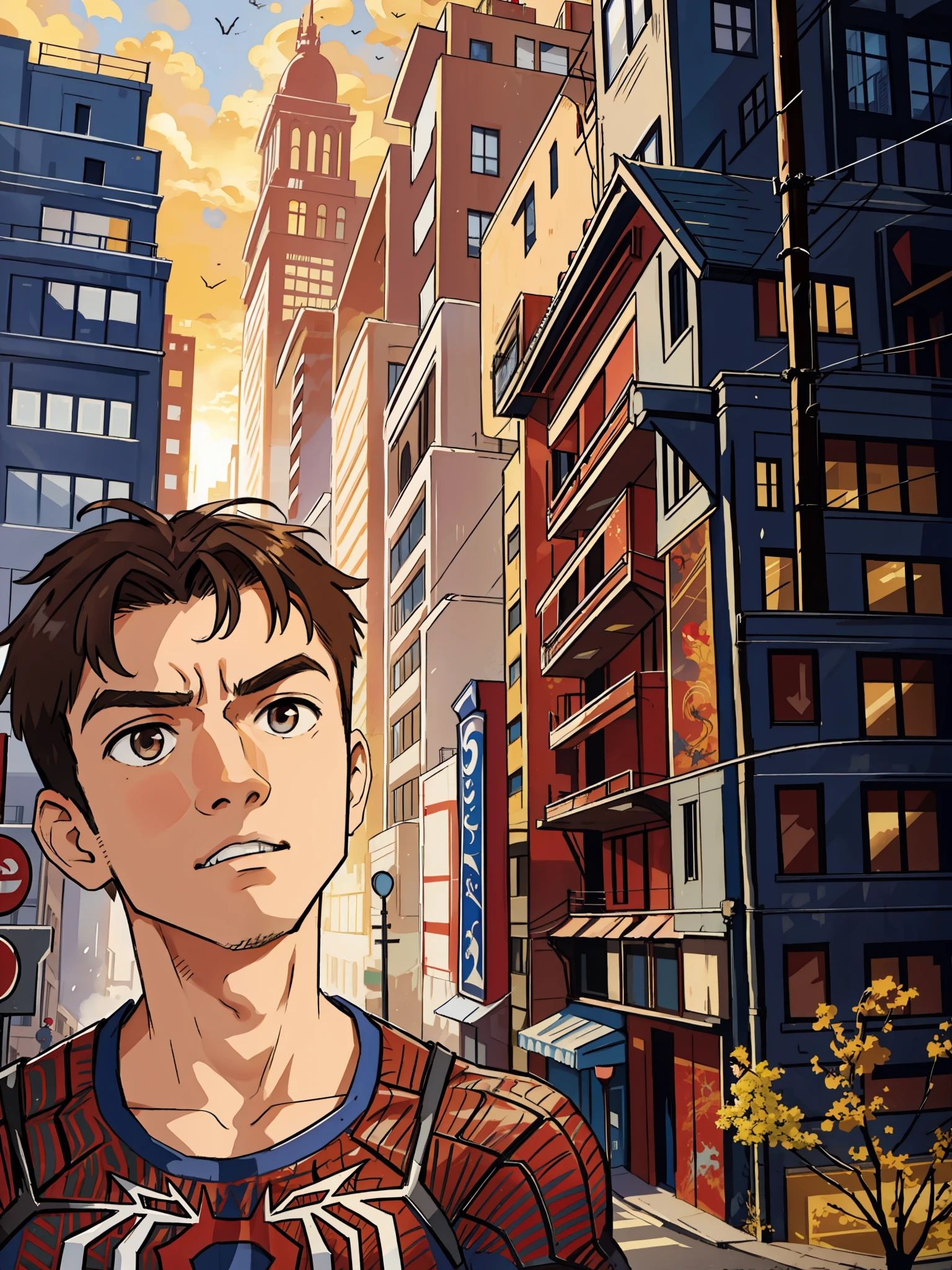 (masterpiece, best quality),  intricate details, 8k, artstation, wallpaper, official art, splash art, sharp focus,
1boy,  Nakiri Ayame, brown eyes, brown hair, 
 spider suit, spider web print, spider web,  
skyscrappers, city, buildings, cars, street, superhero pose, one person, city background empty, boy is wearing spider-man suit.