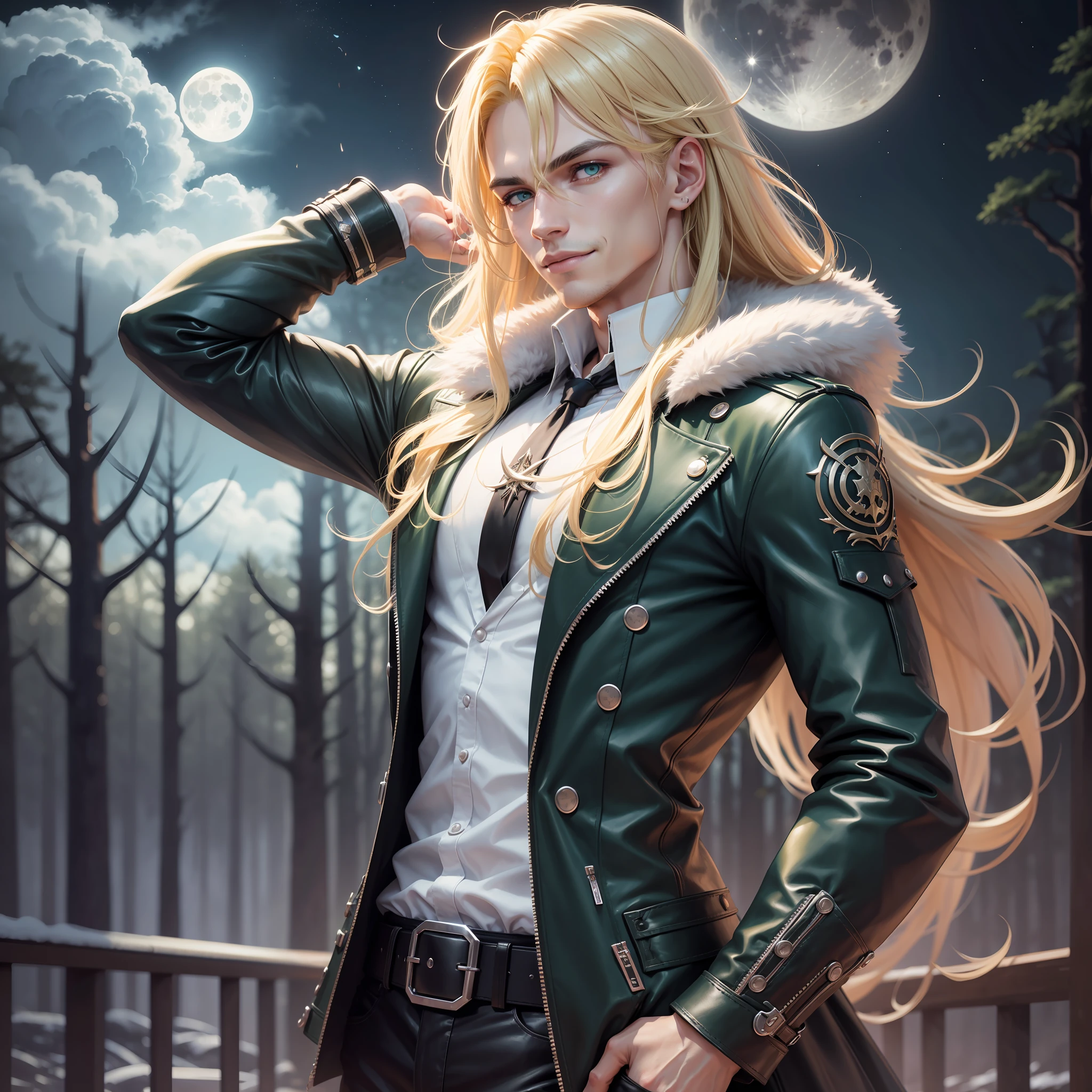 Male, long blonde hair, water green eyes, dynamic pose, solo, 32k,Super-Resolution,Full-HD,1080p,Fullscreen,Wallpaper,Generated by Midjourney, punk clothes,Full Moon, war scene,Horror Anime,Horror Anime, 1080p, alone, bangs in hair, muscular body, Anime man, male face, smile with lips closed., Full moon, 4D Cinema, Perspective from point of view,  long clothes, scenery of a forest