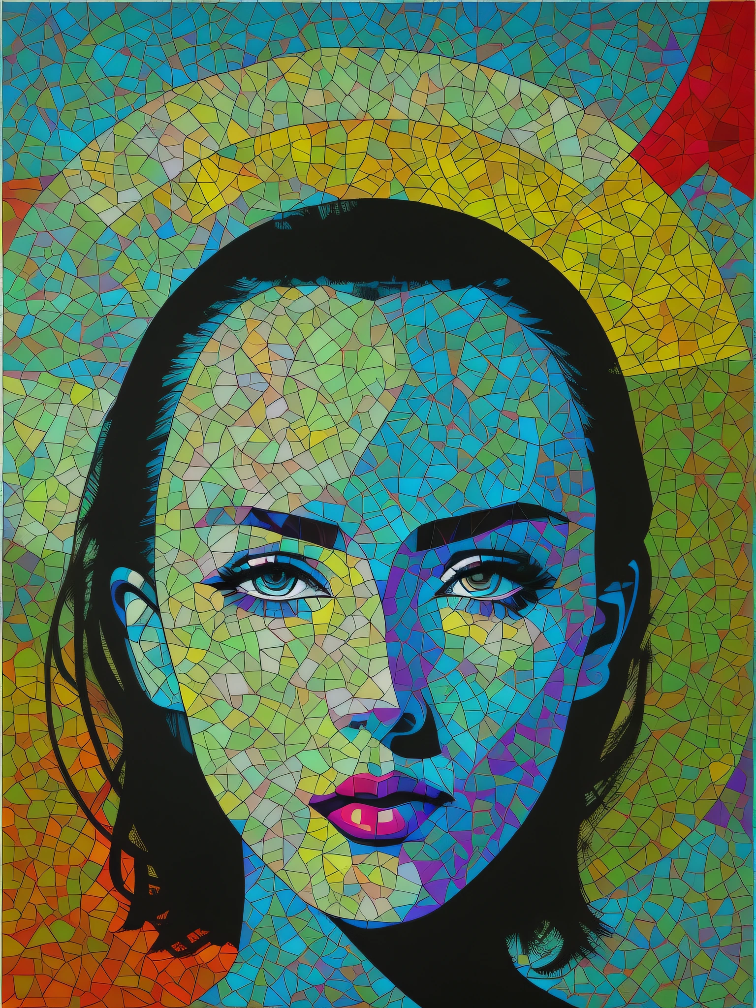 painting of a woman with a halo on her head, cmyk portrait, stunning art, portrait of natalie portman, a pop art painting, megan fox colorful portrait, pop art masterpiece, pop art painting, inspired by Juan O'Gorman, dotart, acrylic art, acrylic on canvas, portrait of the angelina jolie, violet polsangi pop art