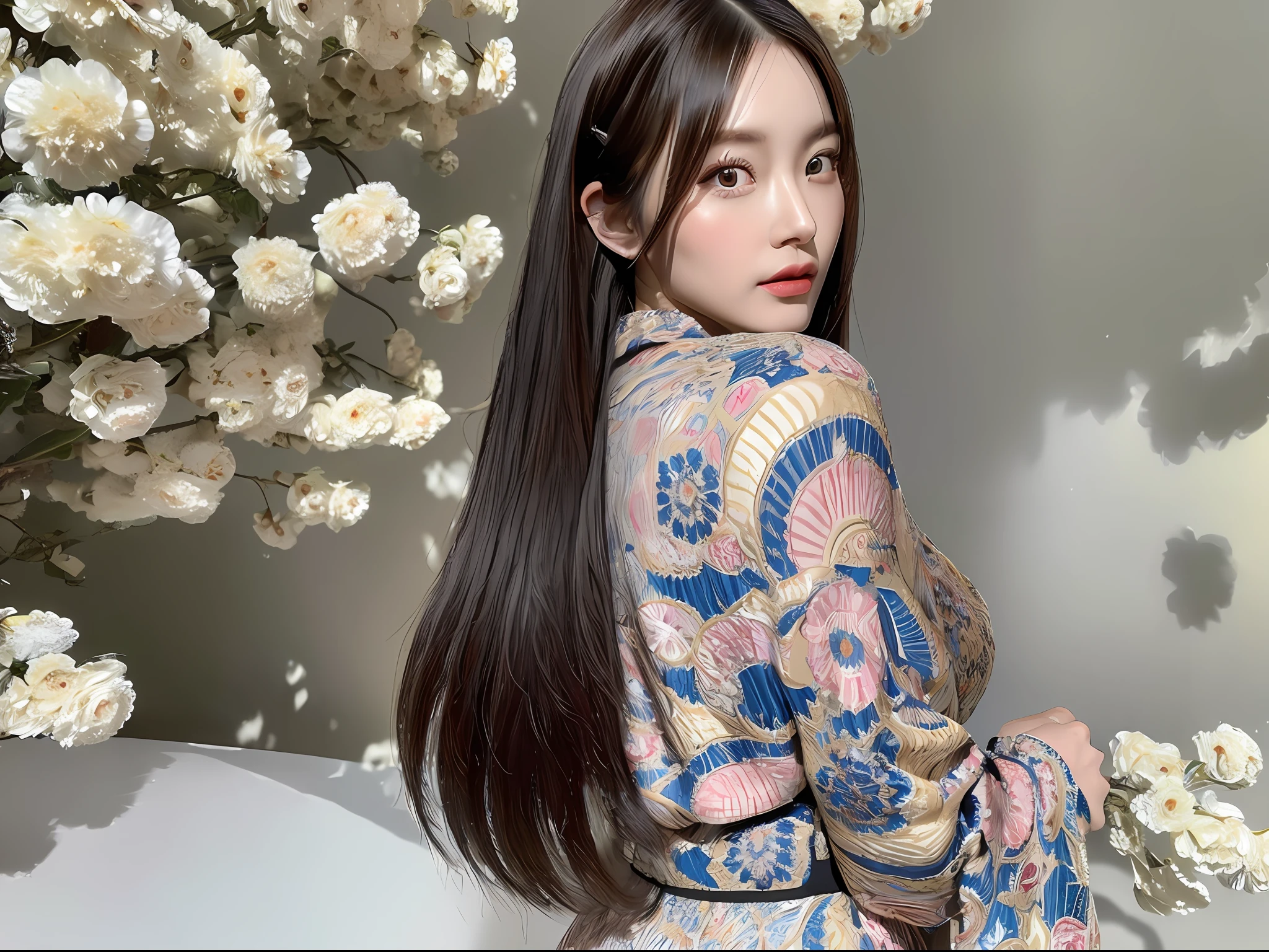 (8k, highest quality, masterpiece: 1.2), (hair_style), (realistic, photorealistic: 1.37), plump eyes, highest quality, masterpiece, standing in front of a white wall, [small breasts], professional lighting, shooting the whole body of the subject from a distance, angle from behind, shot in natural light from morning to noon, fashion style of Japan trend in 2023, real, Super detail, 30s, actress, elaborate CG, slender, hairstyle is straight straight hair, delicate skin type, emphasizes hair luster,