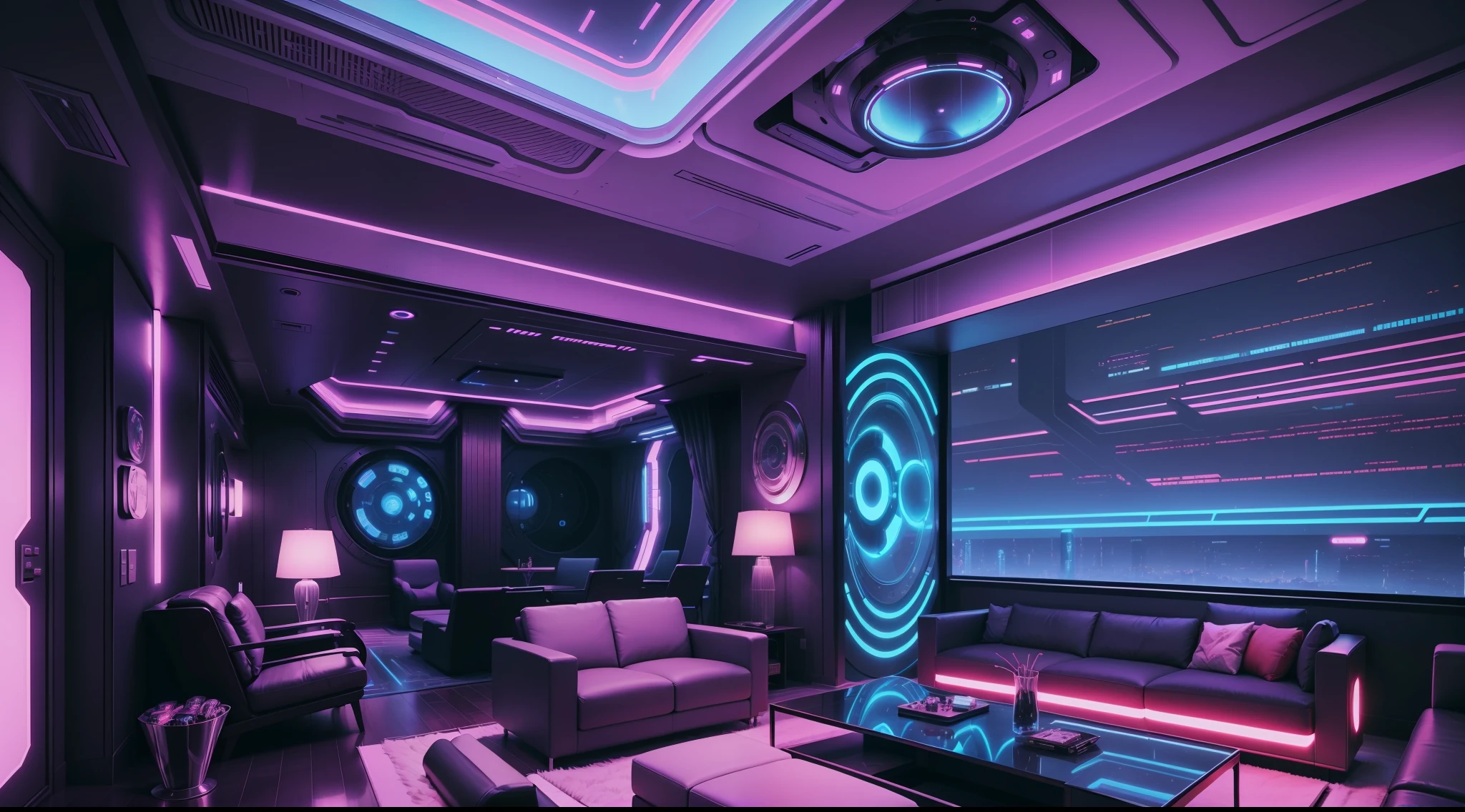 arafed living room with a large couch and a large window, futuristic looking living room, retro futuristic apartment, futuristic room, futuristic interior, futuristic room background, futuristic decor, bladerunner apartment, spaceship interior, sci - fi interior, cyberpunk apartment, sci fi engine room living room, gaming room in 2 0 4 0, scifi room, the cyberpunk apartment
