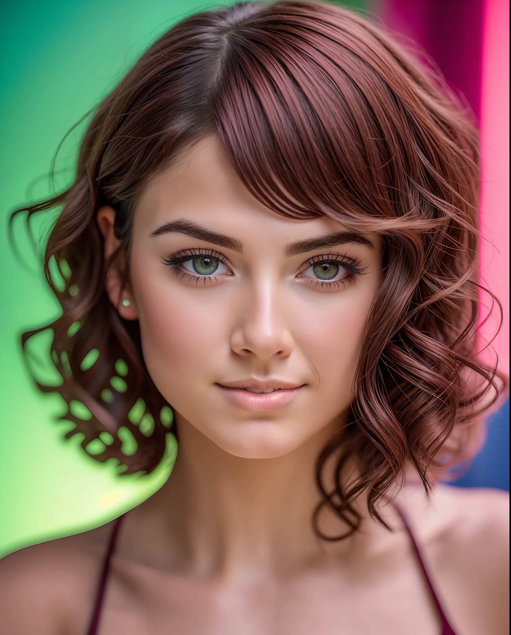 young nicola cavanis, (portrait in the style of Yuri Arkurs, Todd Schorr), makeup, background chroma key Khokhloma
 (short wet hair mahogany: 1.2),(deep detail of eyes and skin: 1.2),smile,
 Correct Body Anatomy, RAW, Highly-Professional Light, Detailed, Perfect Gradient, Masterpiece, DSLR, 8k UHD,
 Canon EOS RP Body, HTF, ISO200, f/2.8, 70mm