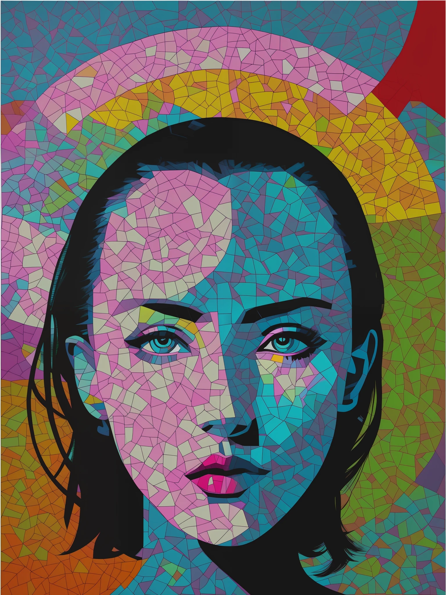 painting of a woman with a halo on her head, cmyk portrait, stunning art, portrait of natalie portman, a pop art painting, megan fox colorful portrait, pop art masterpiece, pop art painting, inspired by Juan O'Gorman, dotart, acrylic art, acrylic on canvas, portrait of the angelina jolie, violet polsangi pop art