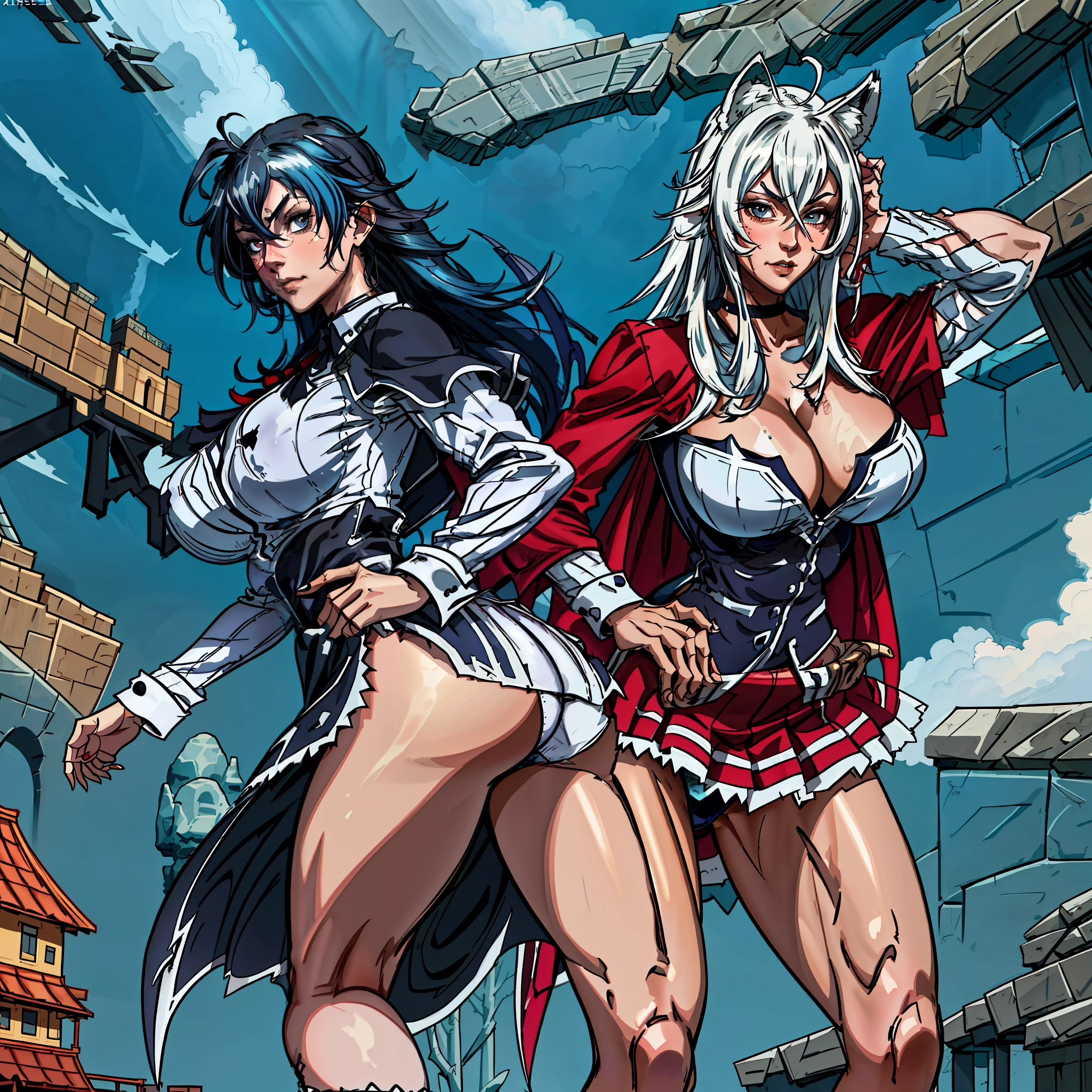 A closeup of a woman wearing uniform with coat and some other poses, clothing in red and blue colors, front side and back poses, cutesexyrobutts, woman with short black hair with light blue locks, eyes with bright blue and red tones with vampire iris, pale skin, vampire, pointed ears, muscular!, fit body, gynoid body,sweaty body, perfect body, fit body, abdomen, big breasts, chubby butt, prancing ass, prancing butt, full body concept art, detailed full body concept art, Cushart Krenz Key Women's Art, Masamune Shirow style, Yusuke Murata style, Ilya Kuvshinov, Oppai proportions, official character art, uniform, full body concept, (best quality, masterpiece) a cute chibi girl,