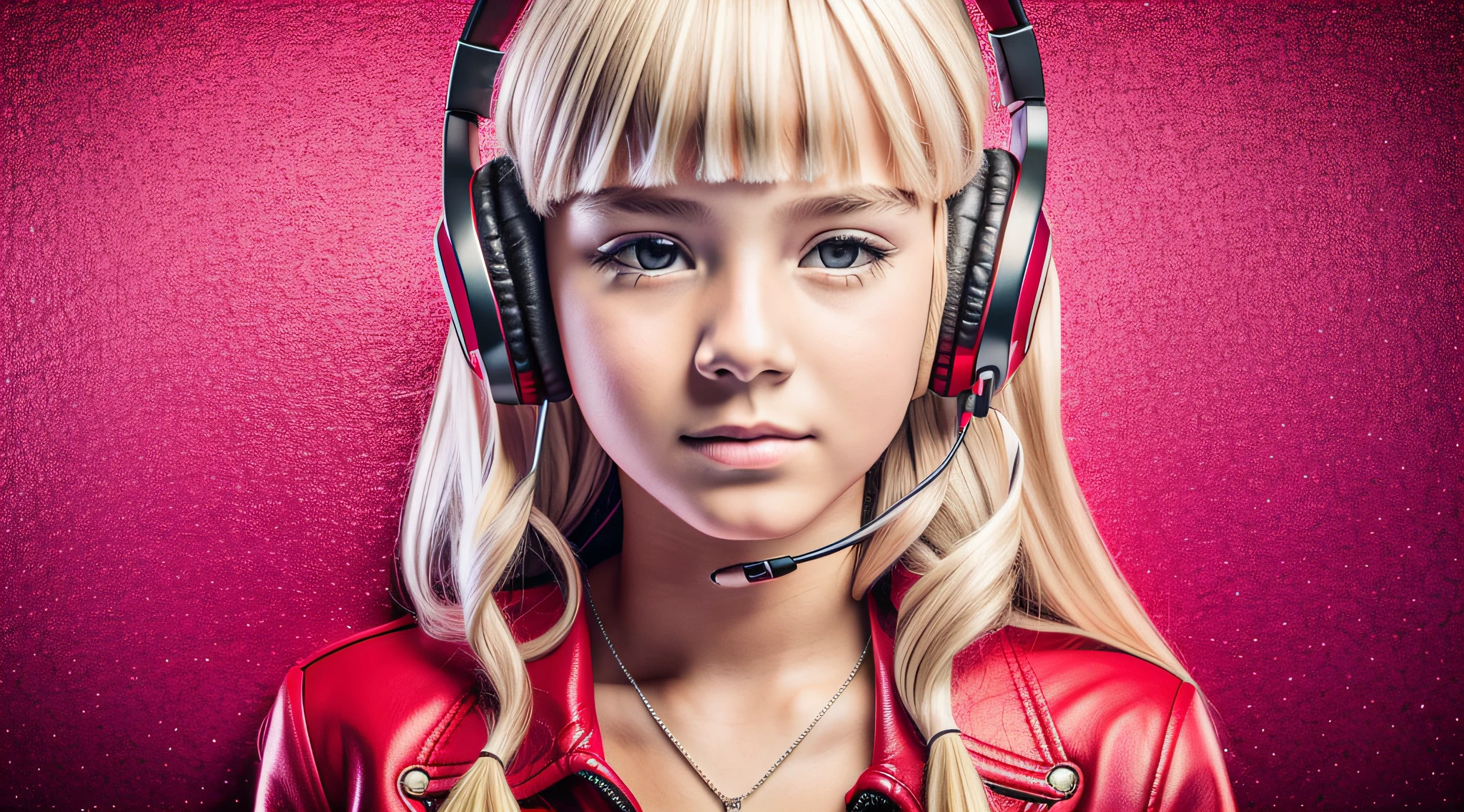 GIRL child 12 years old, RUSSIAN BLONDE long hair and headphones, portrait, SILVER LEATHER JACKET, VINYL AND CDS red background. --auto --s2