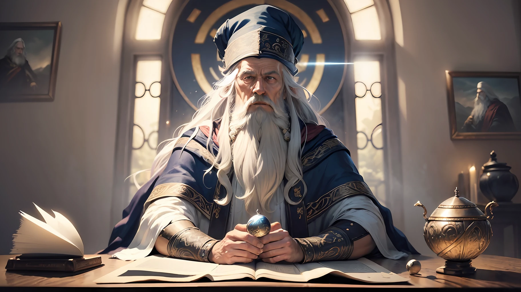 (Masterpiece: 1.2), (Best quality), Detailed, UHD, Cinematic lighting, sharp focus, (illustration: 1.1), intricate, Old Wizard with long white hair and beard, wearing a wizard's cloak and hat, pondering over a glowing orb, in a dimly lit room --auto --s2