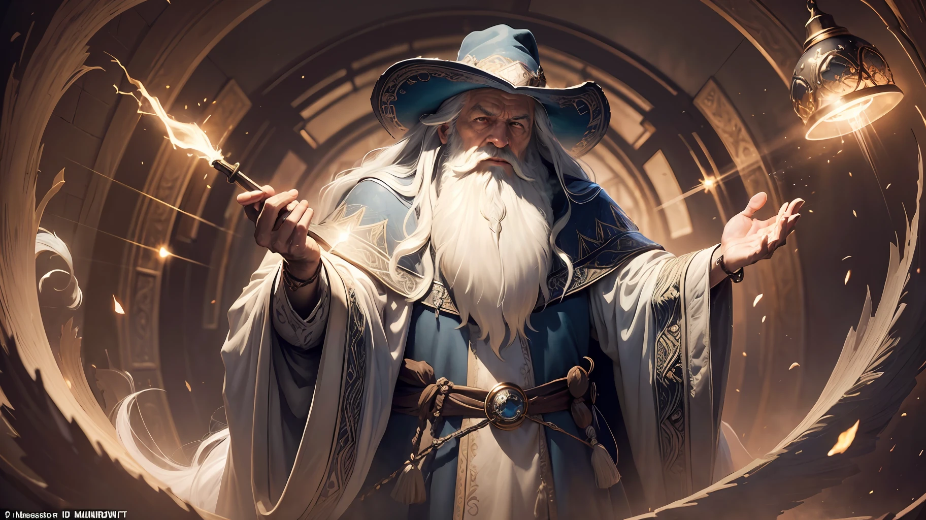 (Masterpiece: 1.2), (Best quality), Detailed, UHD, Cinematic lighting, sharp focus, (illustration: 1.1), intricate, Old Wizard with long white hair and beard, wearing a wizard's cloak and hat, pondering over a glowing orb, in a dimly lit room --auto --s2