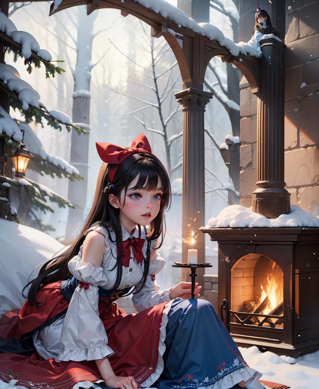 ((Best Quality)), ((Ultra Detailed))), (((Masterpiece))), illustration, Snow White, a beautiful young woman with ebony hair, ruby red lips, fair skin, wearing a flowing blue and yellow dress with a red bow, making a fire in front of the fireplace of the castle, despite her delicate appearance, she bravely collected dry branches and logs, knocked flint to light the fire, she knelt before the flame.